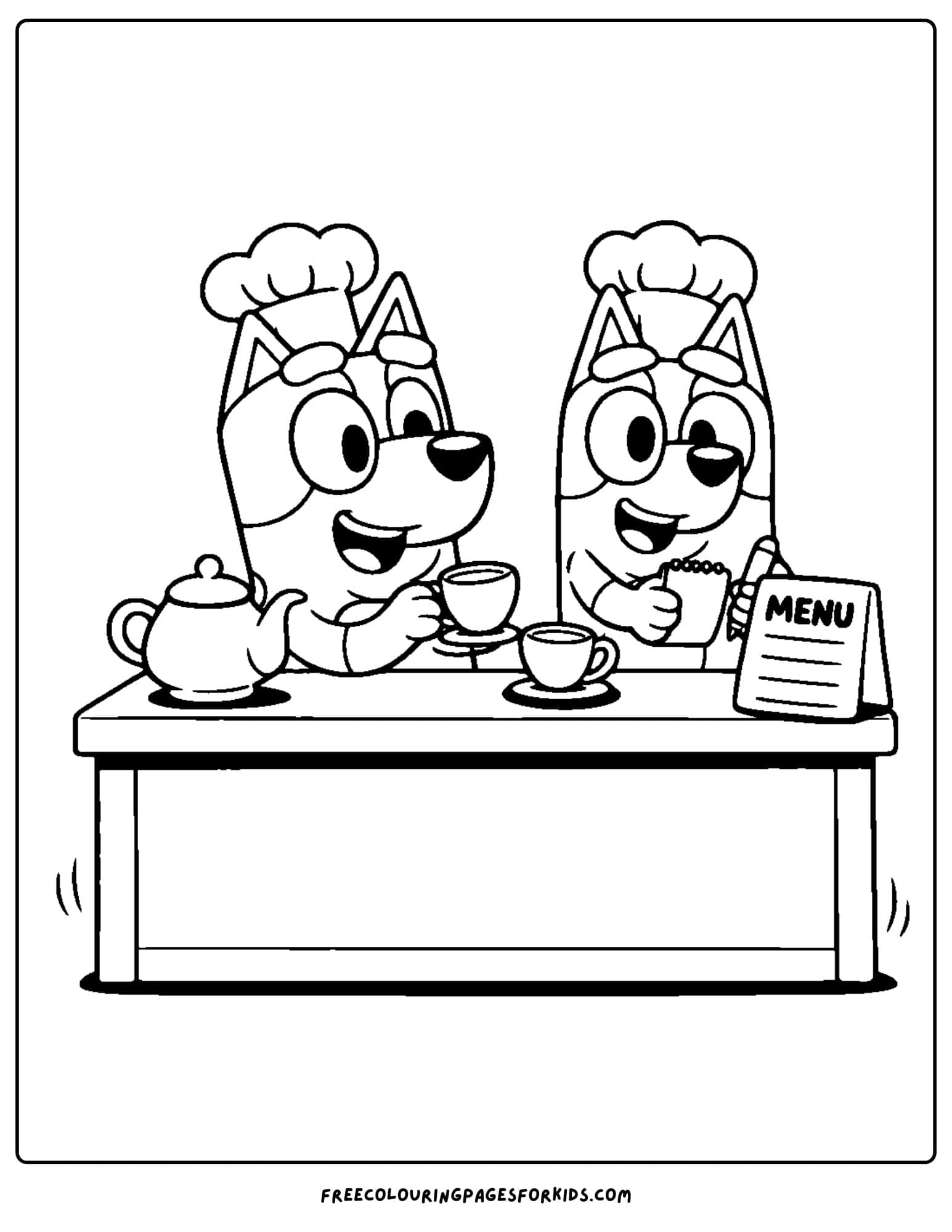 a coloring page of bluey and bingo playing fancy restaurant