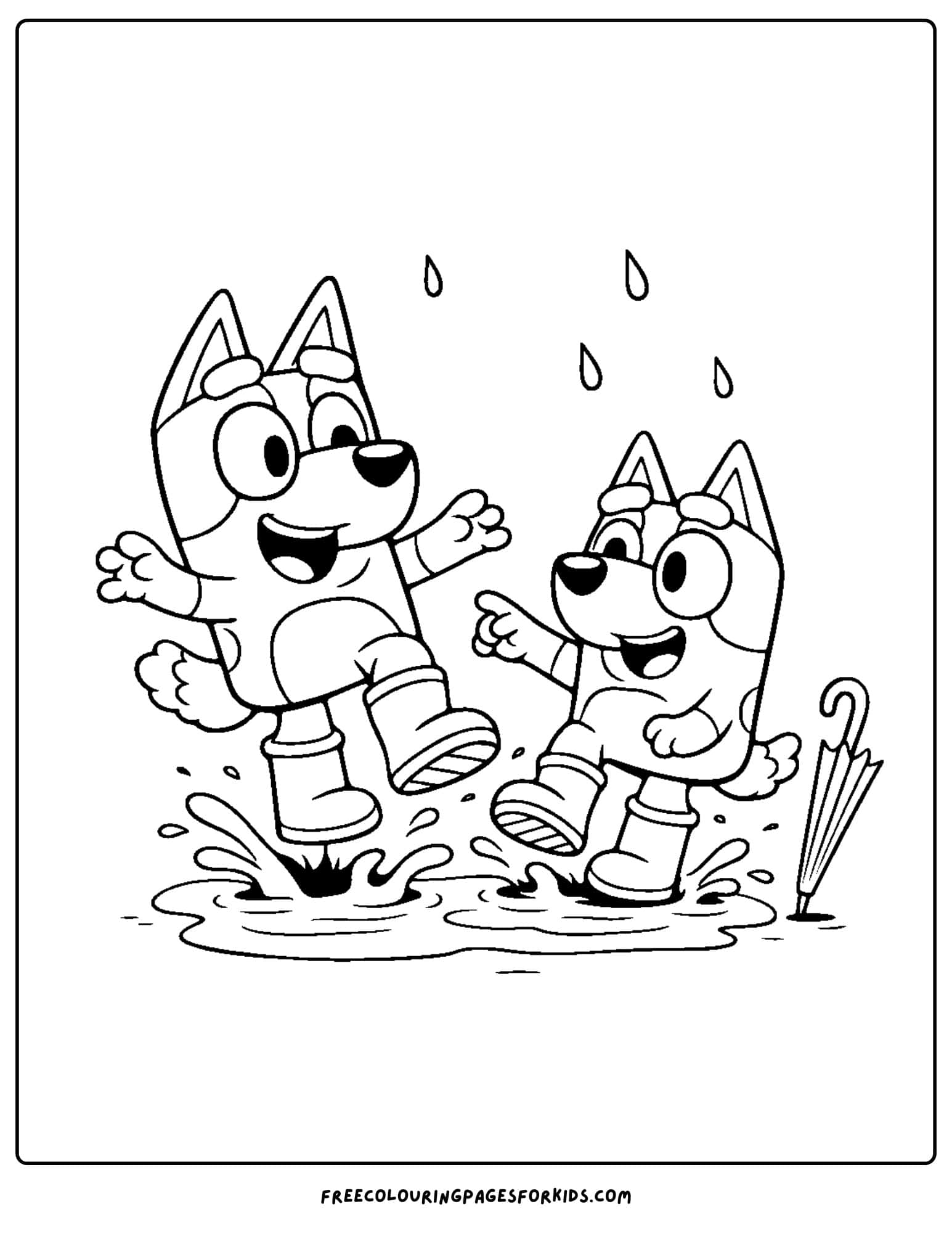 a coloring page of bluey and bingo jumping in puddles