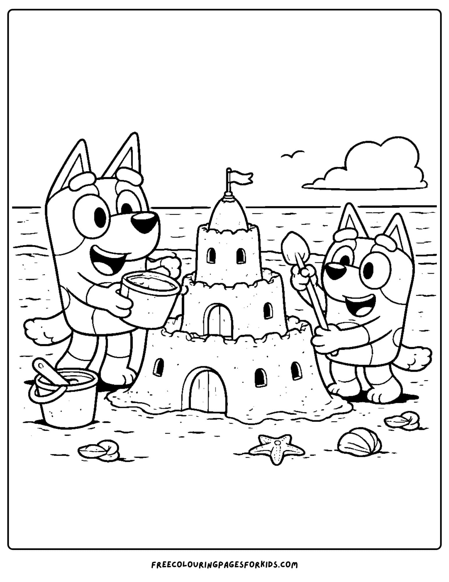 a coloring page of bluey and bingo making a sandcastle at the beach