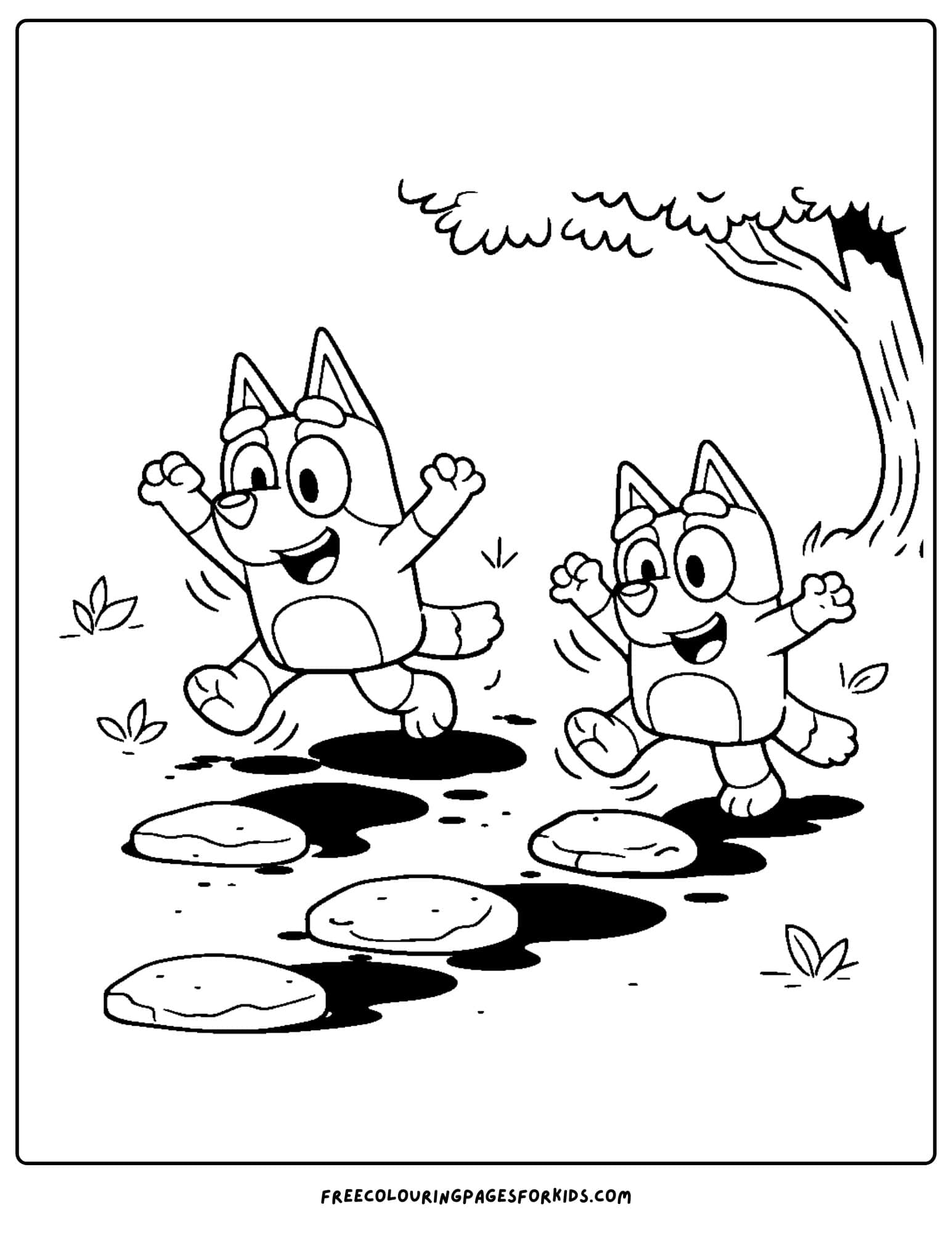 a coloring page of bluey and bingo playing shadowlands