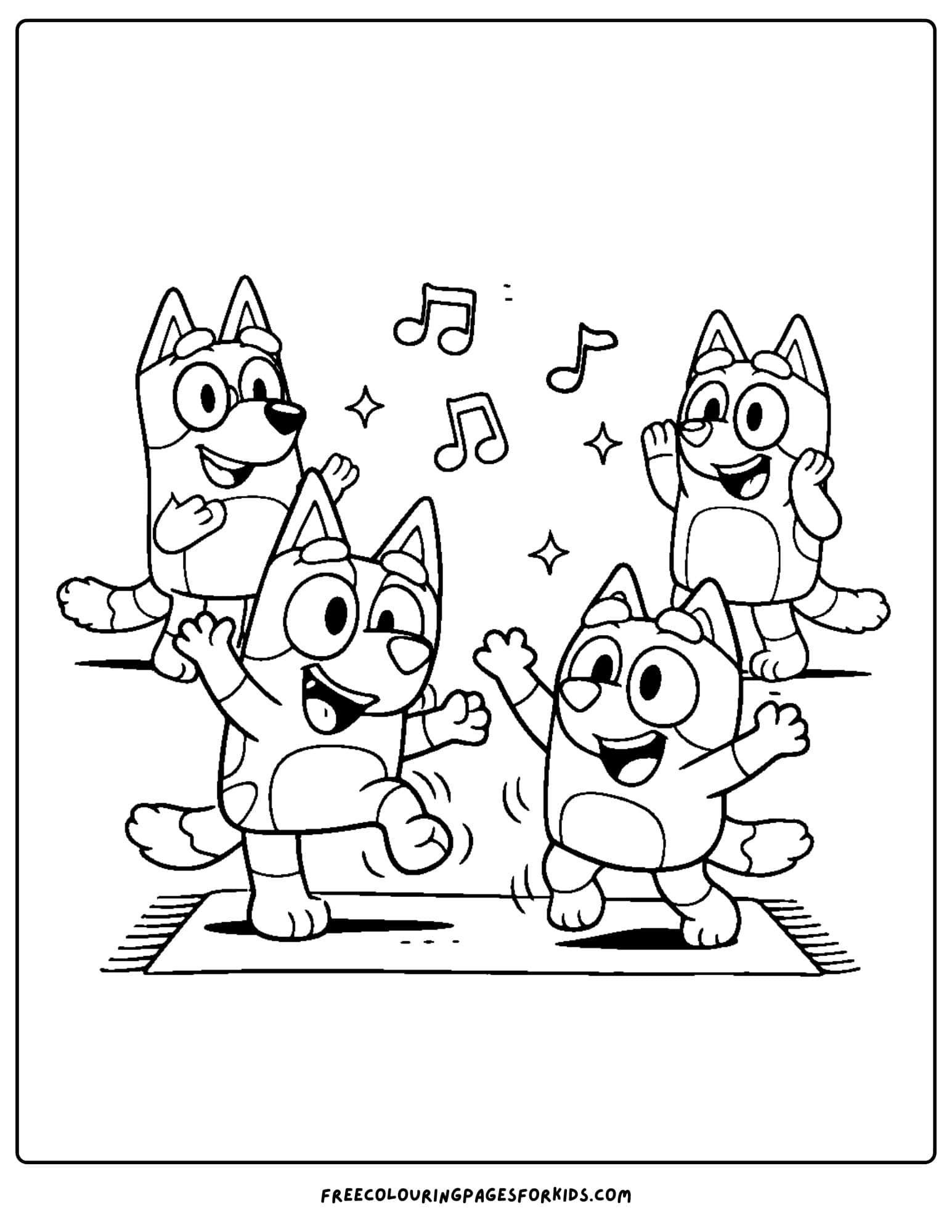 a coloring page of bluey and her family in dance mode