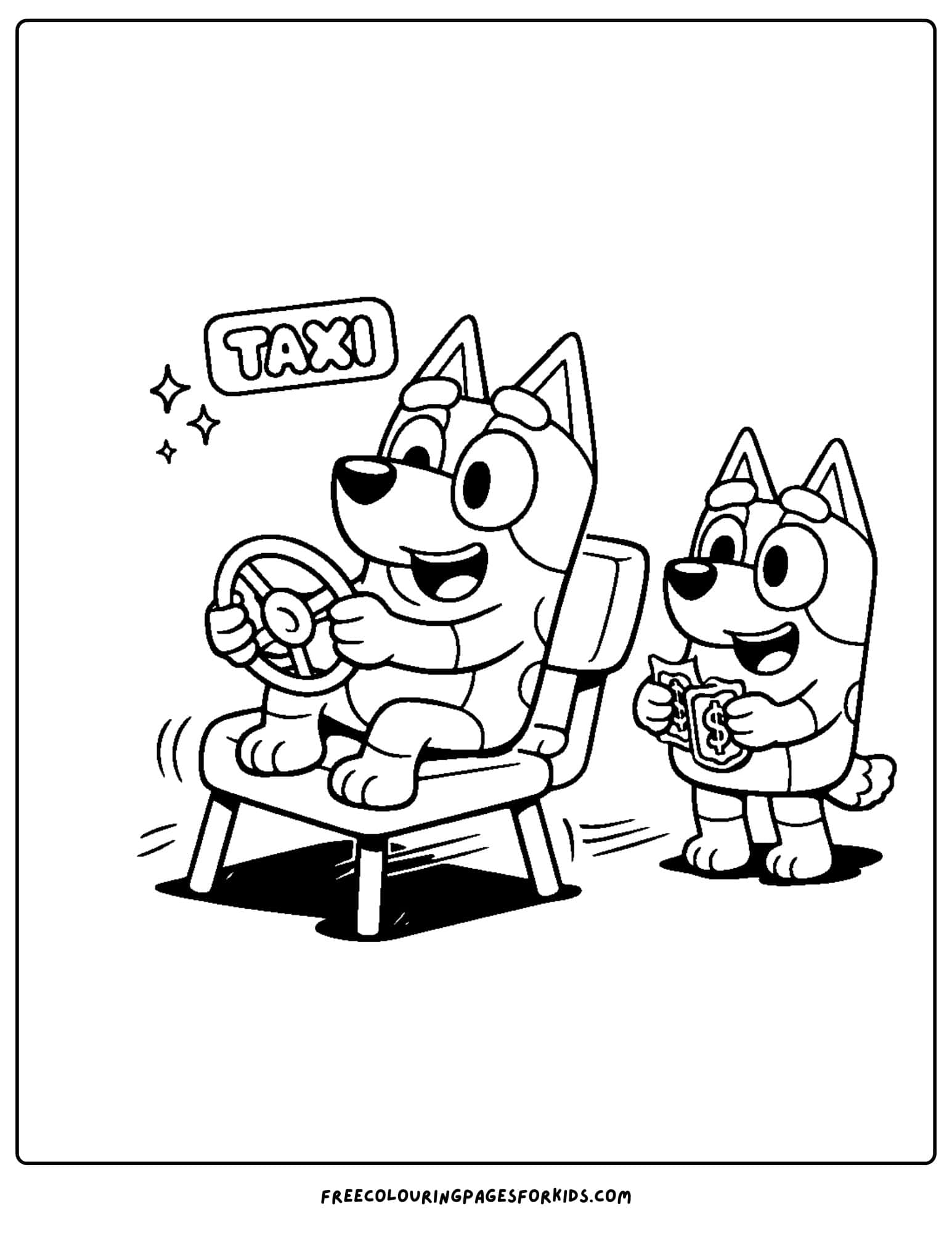 a coloring page of bluey playing taxi with bandit