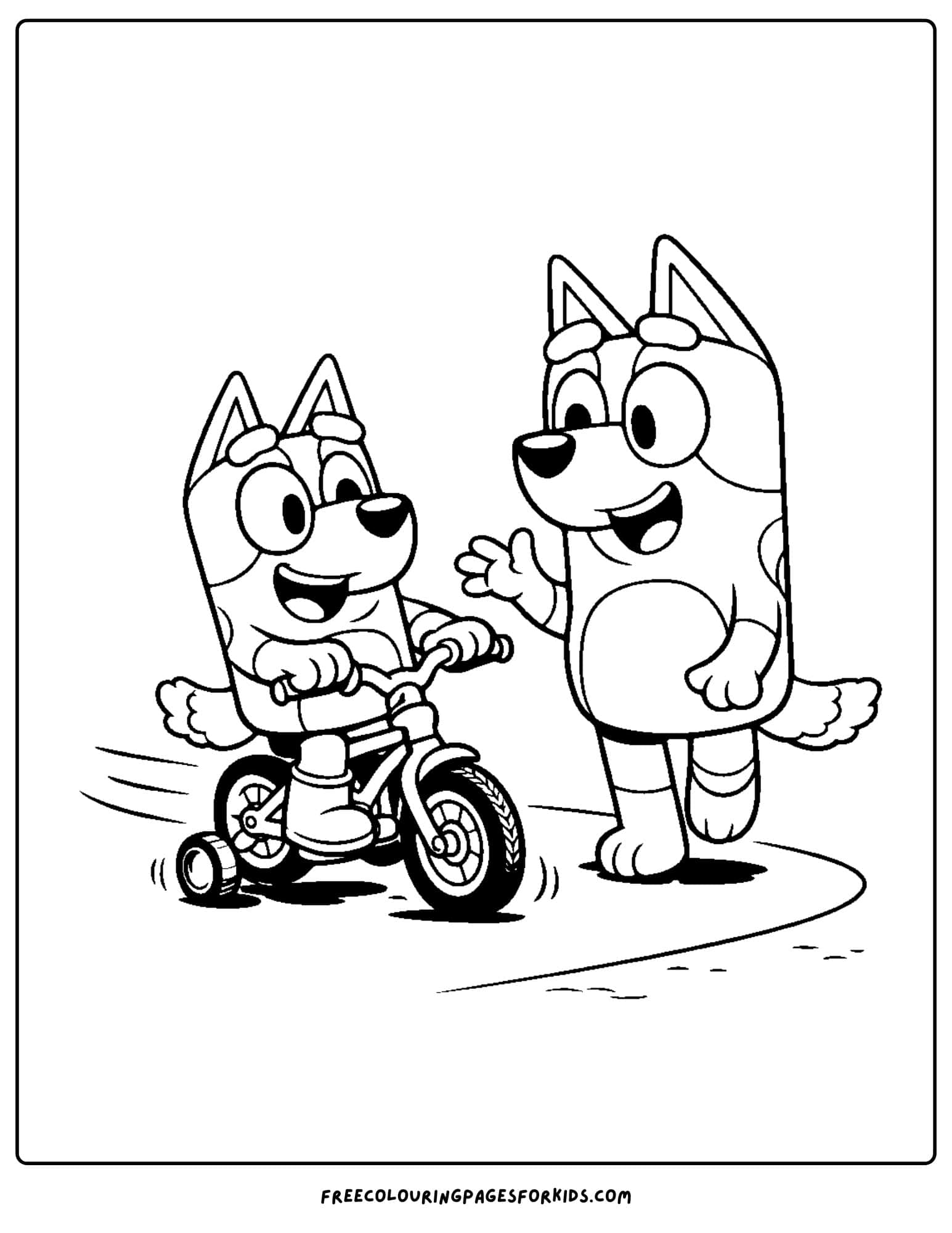 a coloring page of bluey learning to ride her bike