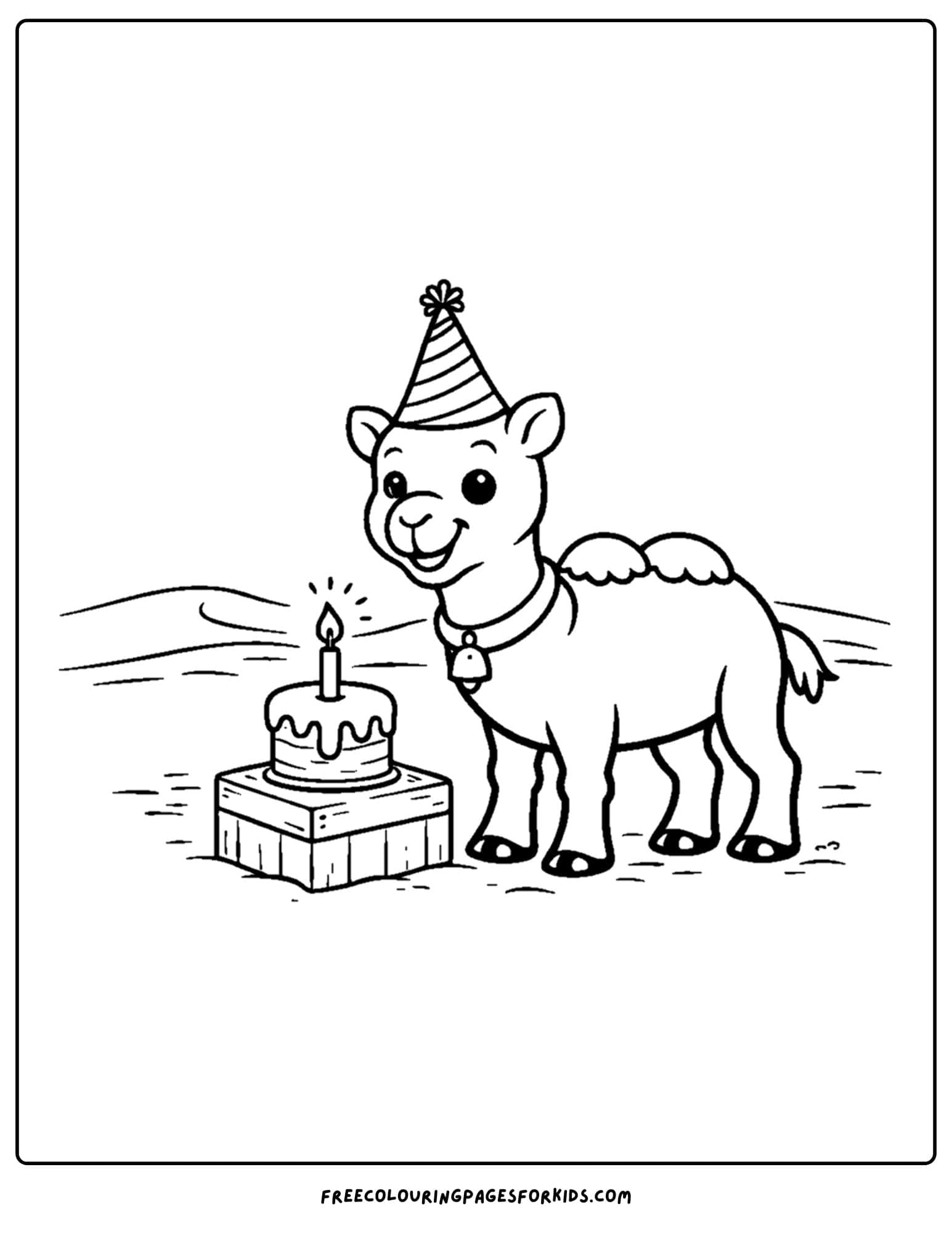 a coloring page of a camel celebrating a birthday