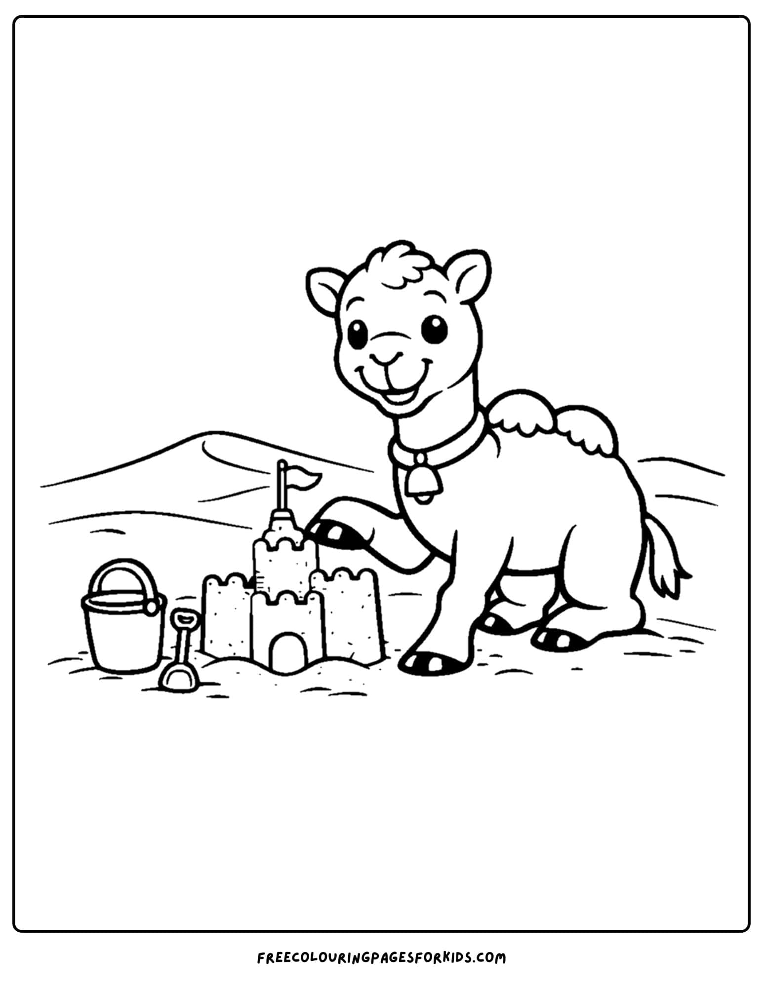 a coloring page of a camel building a sandcastle