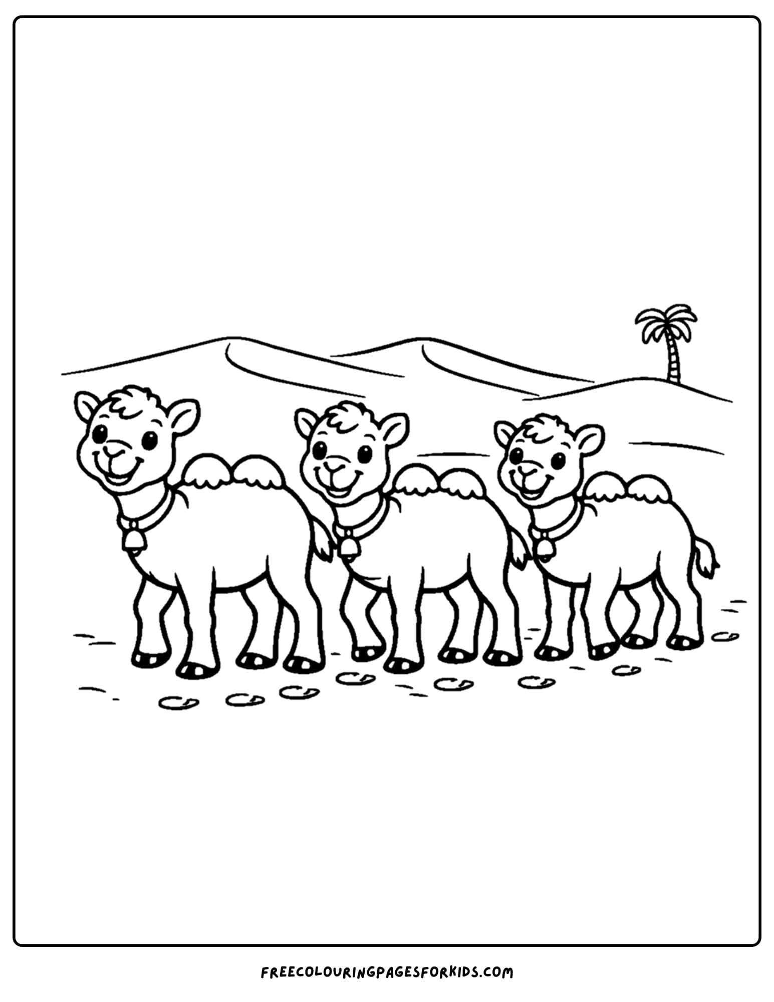 a coloring page of a camel caravan walking in a line