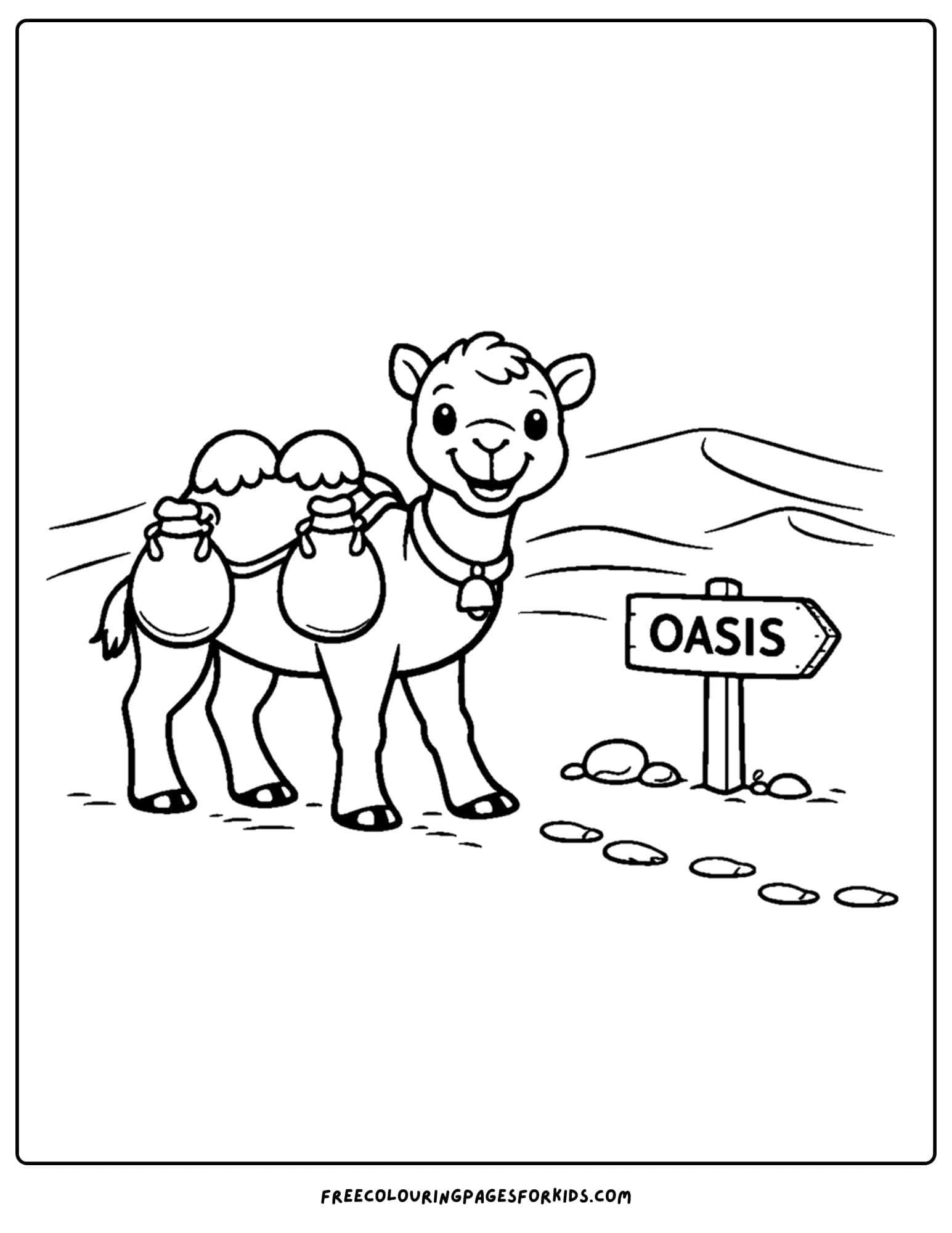 a coloring page of a camel following a sign to an oasis