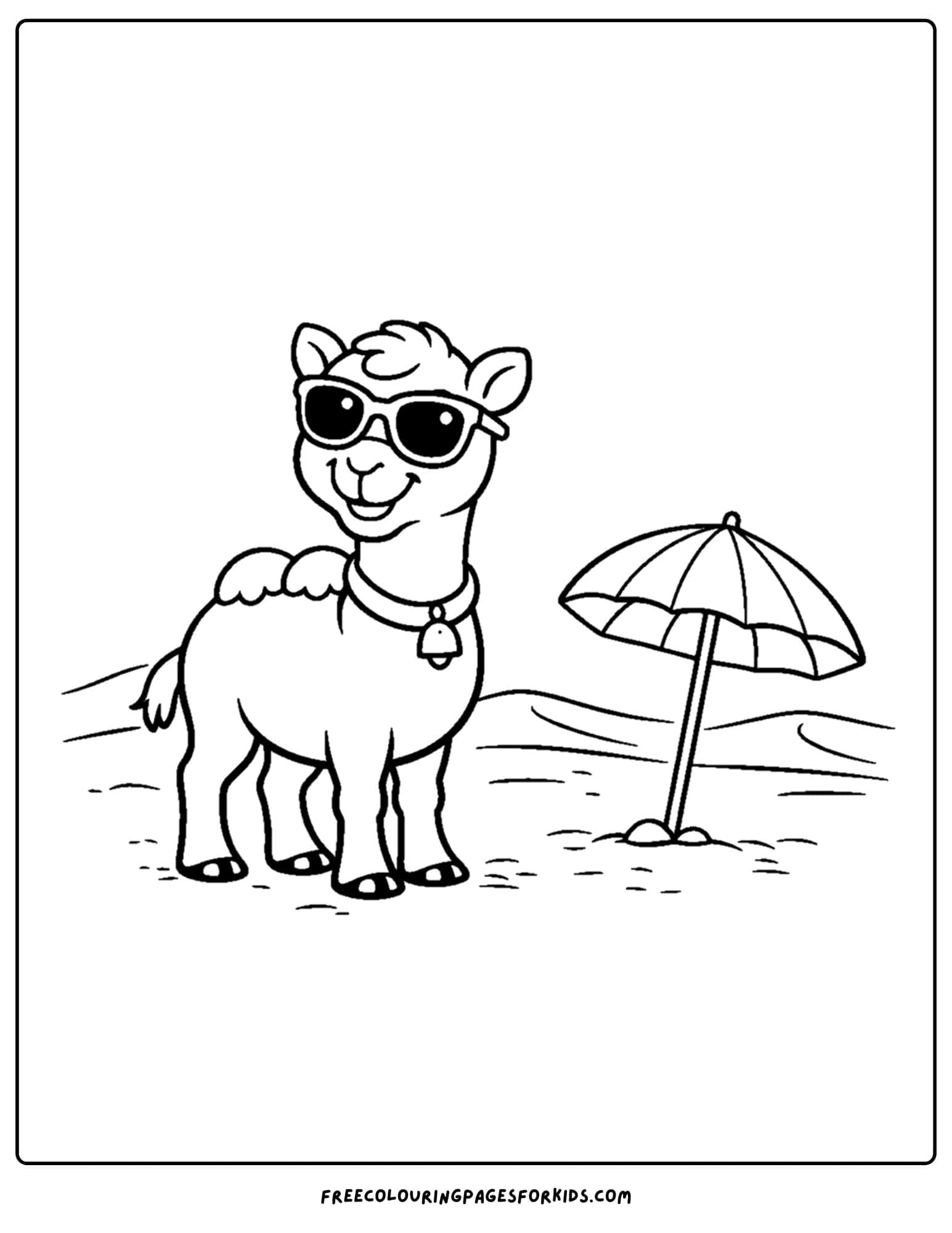 a coloring page of a camel wearing sunglasses next to an umbrella