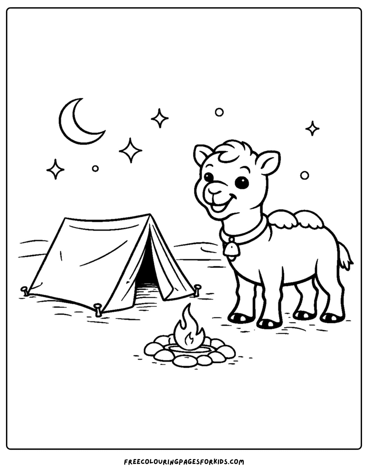 a coloring page of a camel next to a camp fire and tent