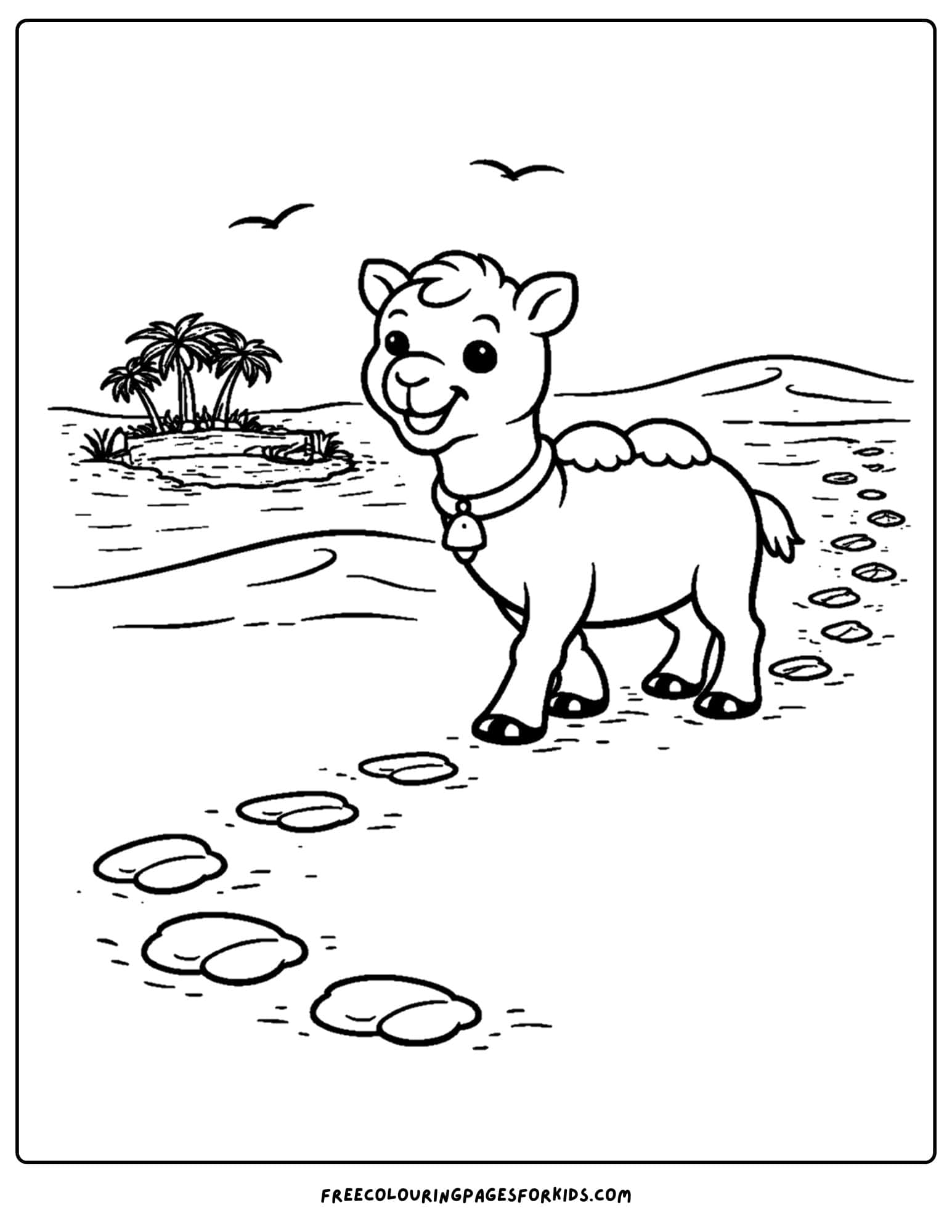 a coloring page of a camel following a trail