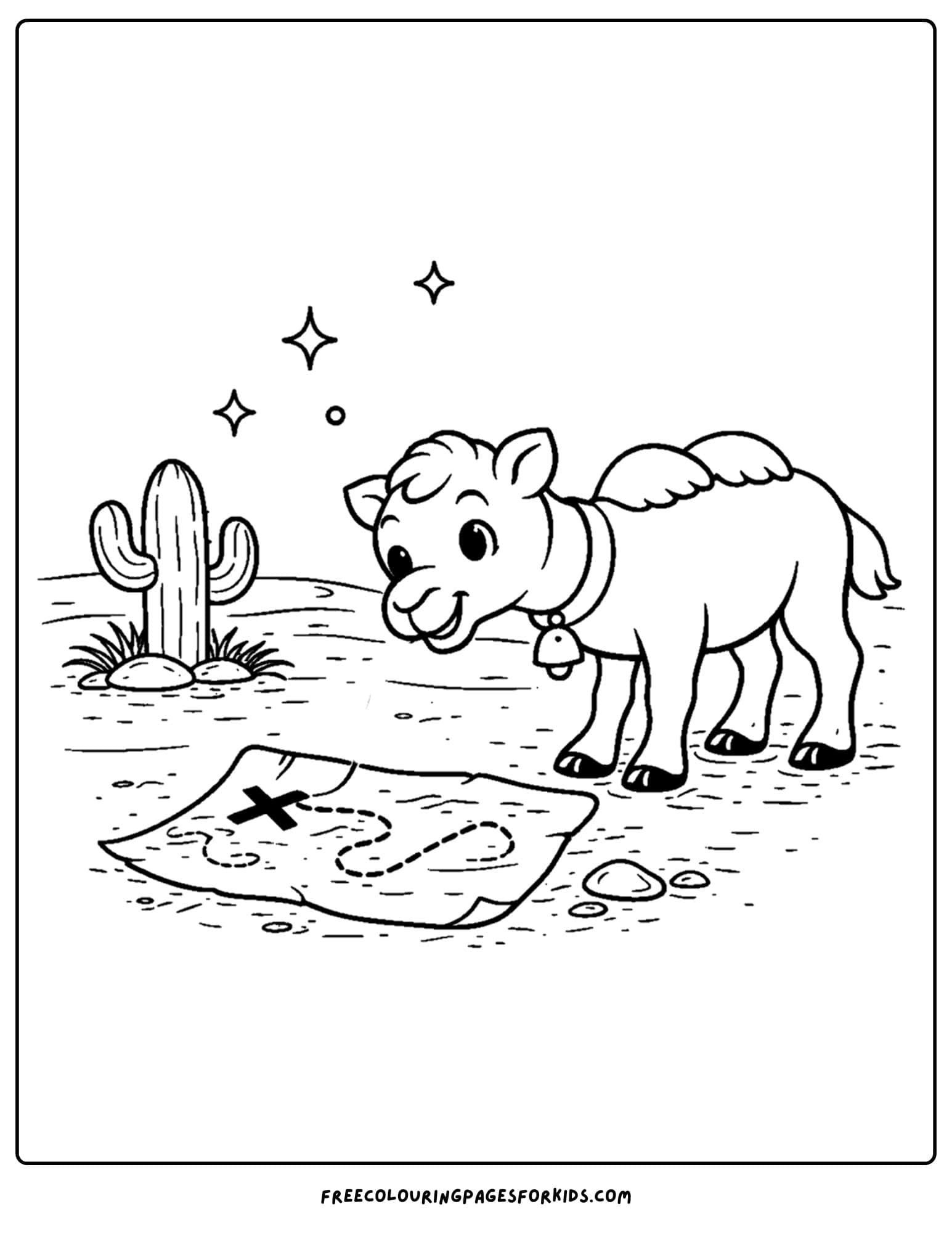 a coloring page of a camel looking at a treasure map