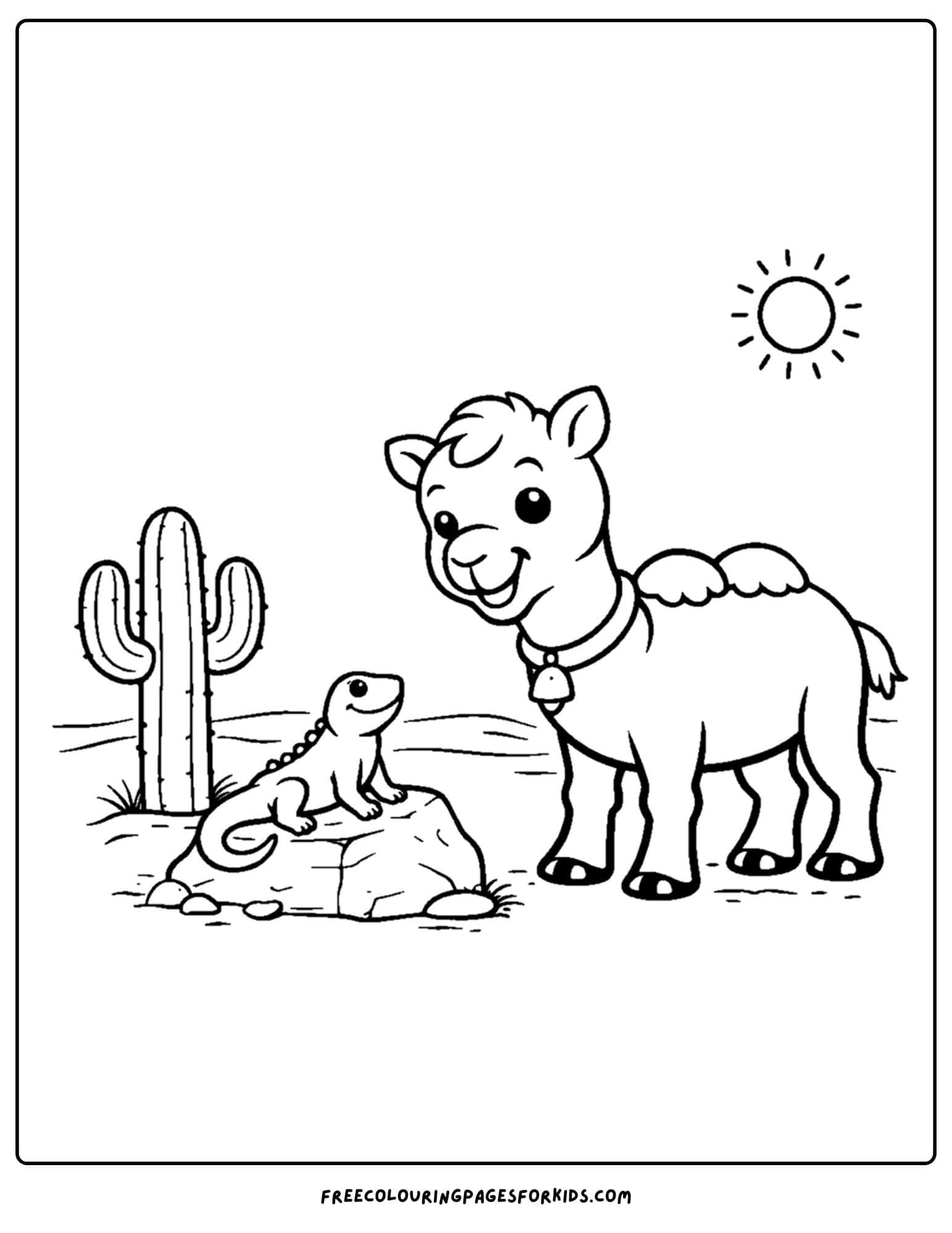 a coloring page of a camel and a lizard on a rock