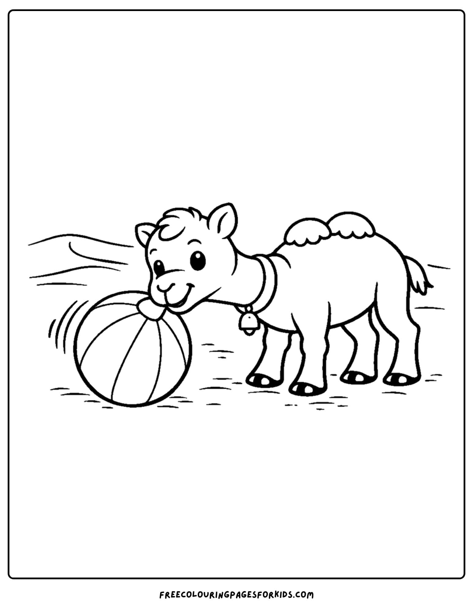 a coloring page of a camel playing with a ball