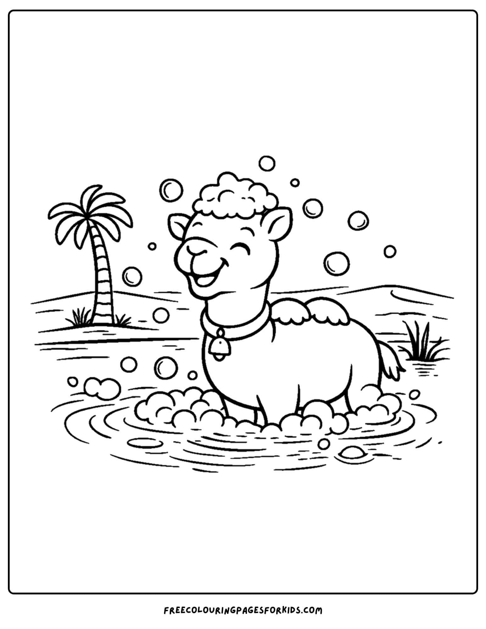 a coloring page of a camel having a wash in an oasis