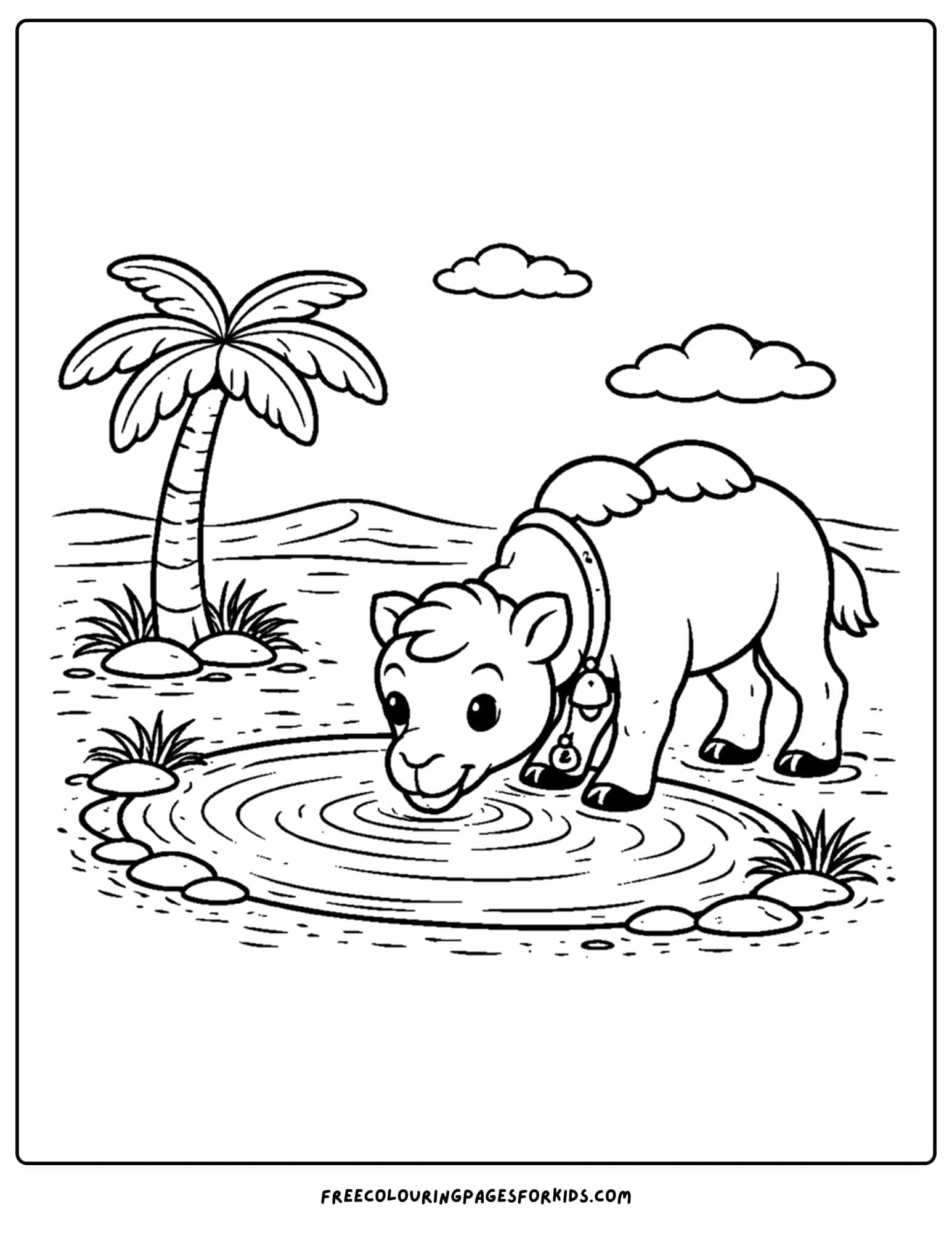 a coloring page of a camel drinking from an oasis