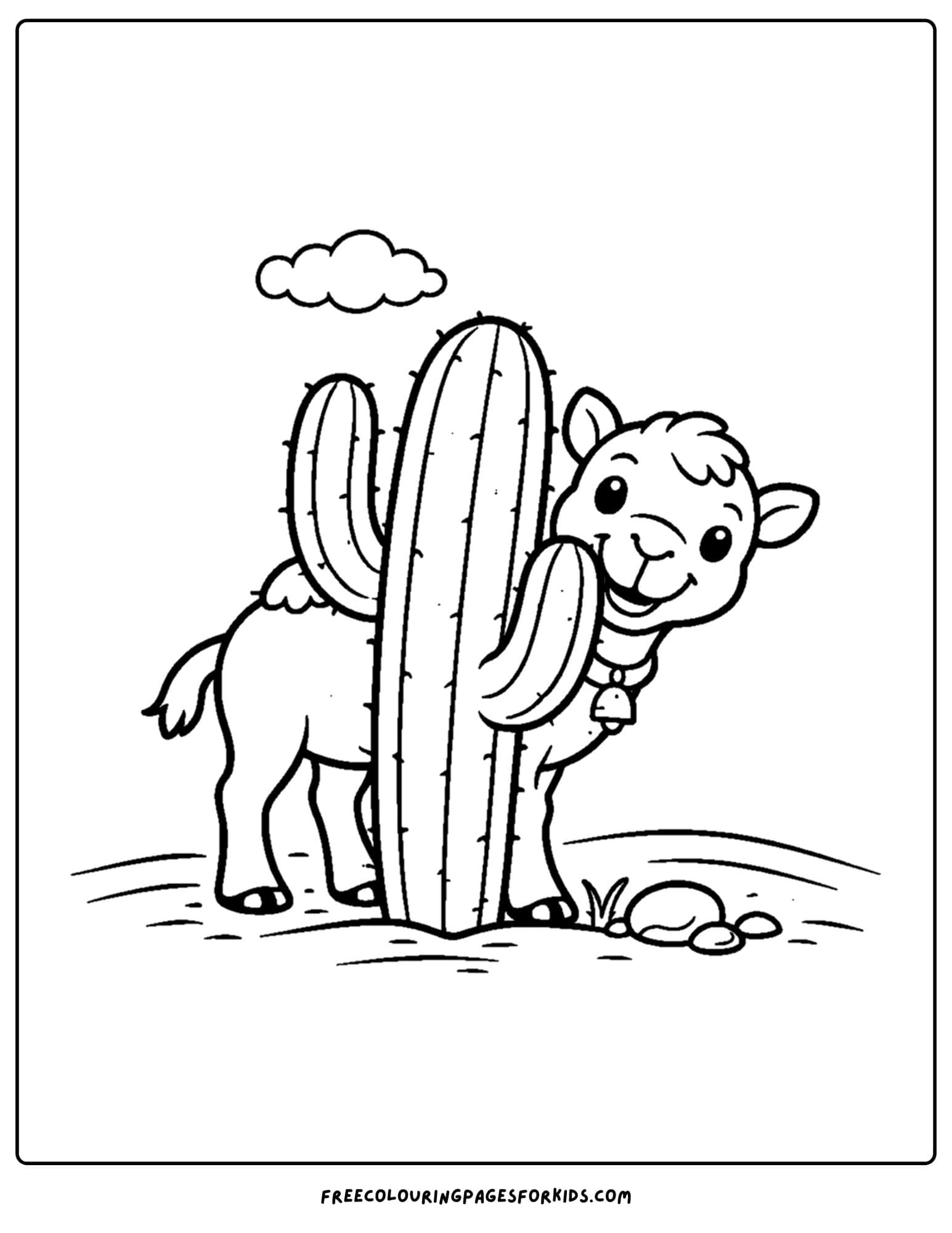a coloring page of a camel peeking from behind a cactus