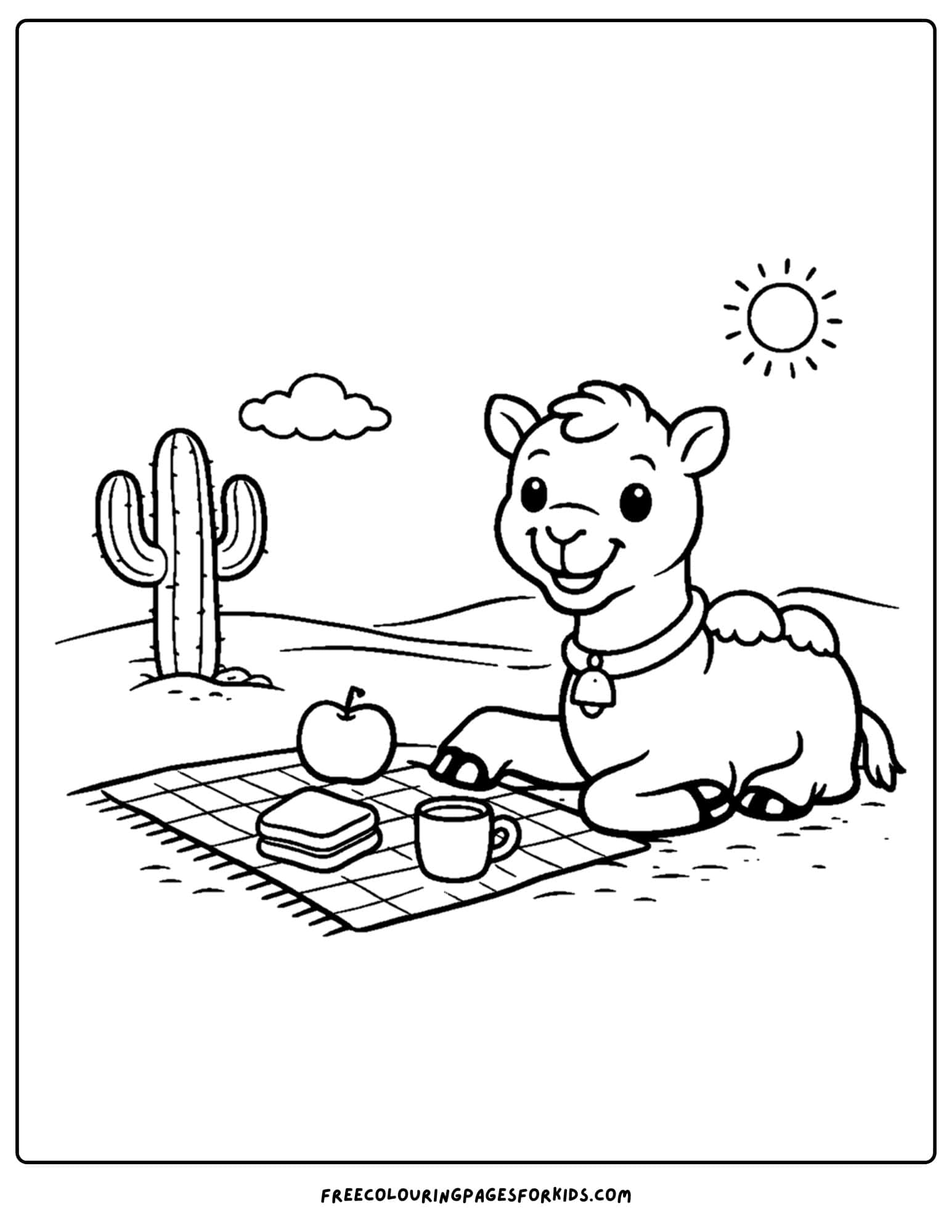a coloring page of a camel having a picnic in the desert