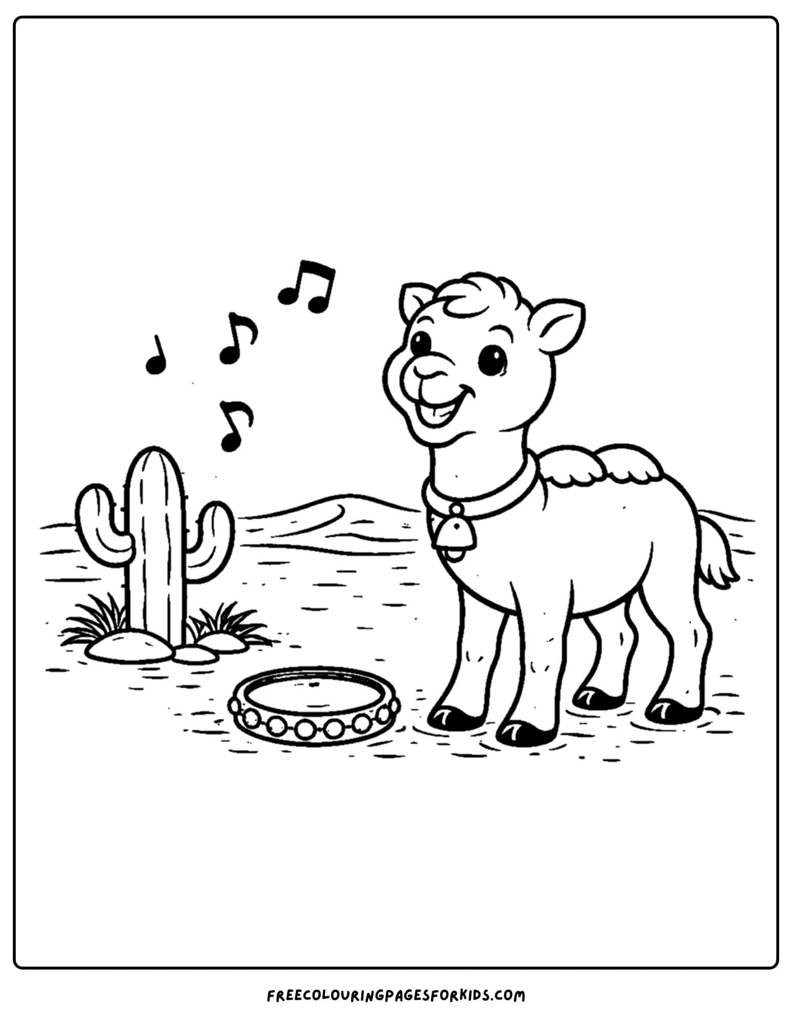 a coloring page of a camel about to play the tambourine to make music