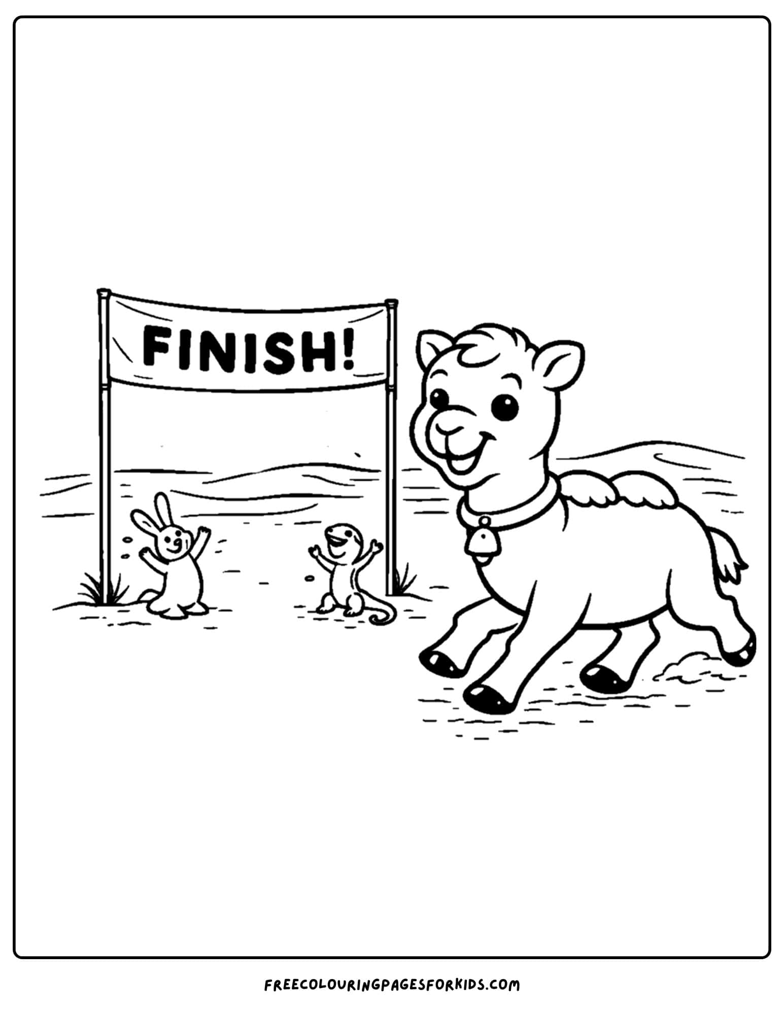 a coloring page of a camel crossing the finish line in a race