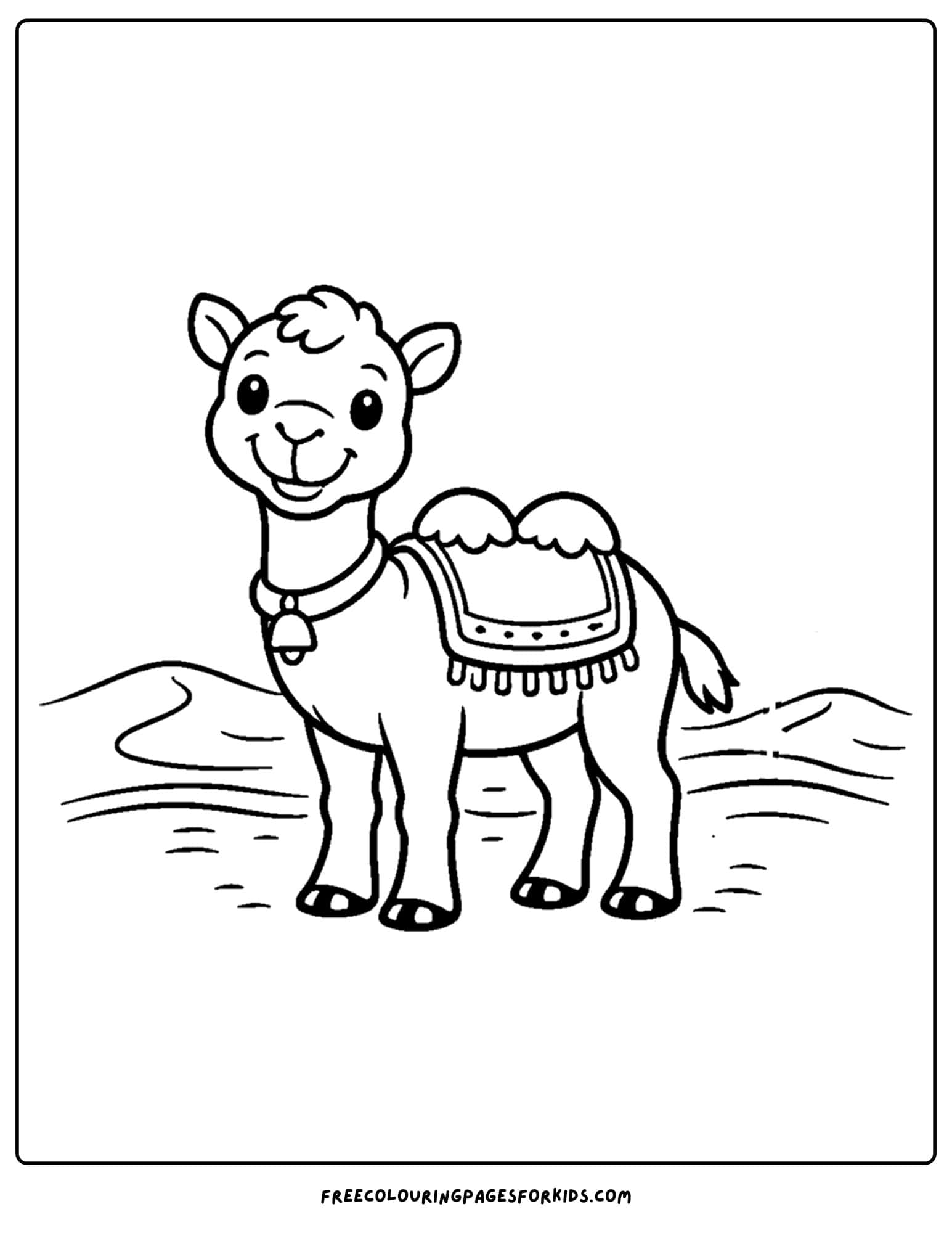 a coloring page of a camel wearing a saddle blanket