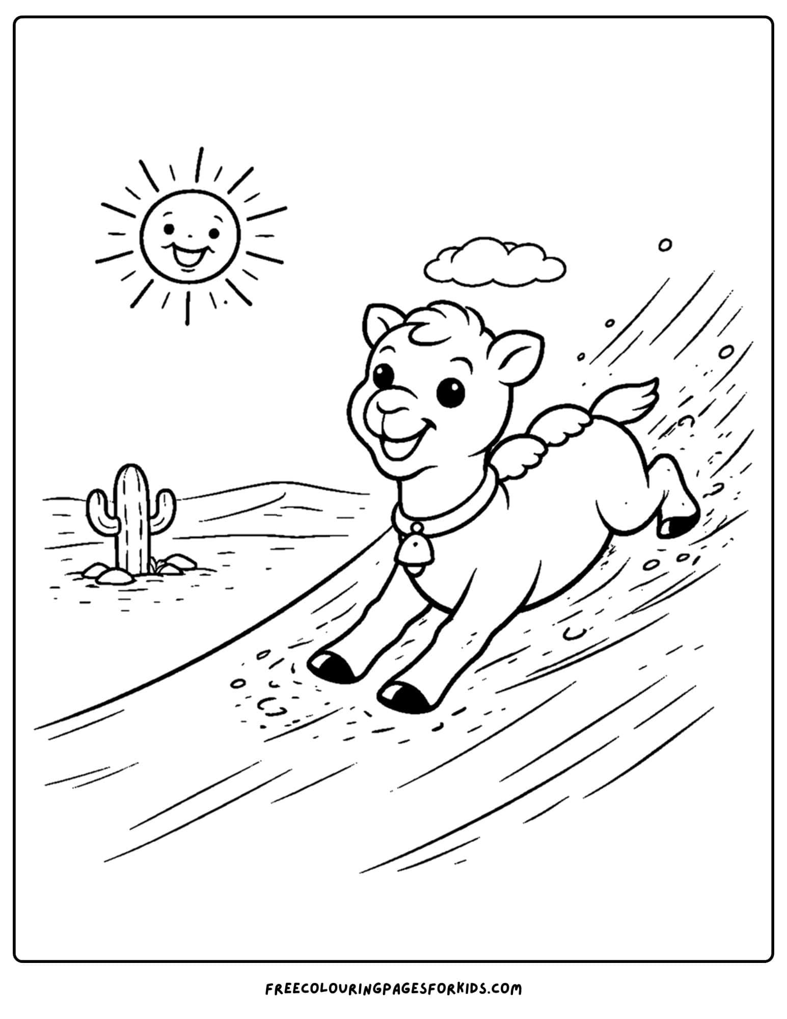a coloring page of a camel sliding down a sand dune