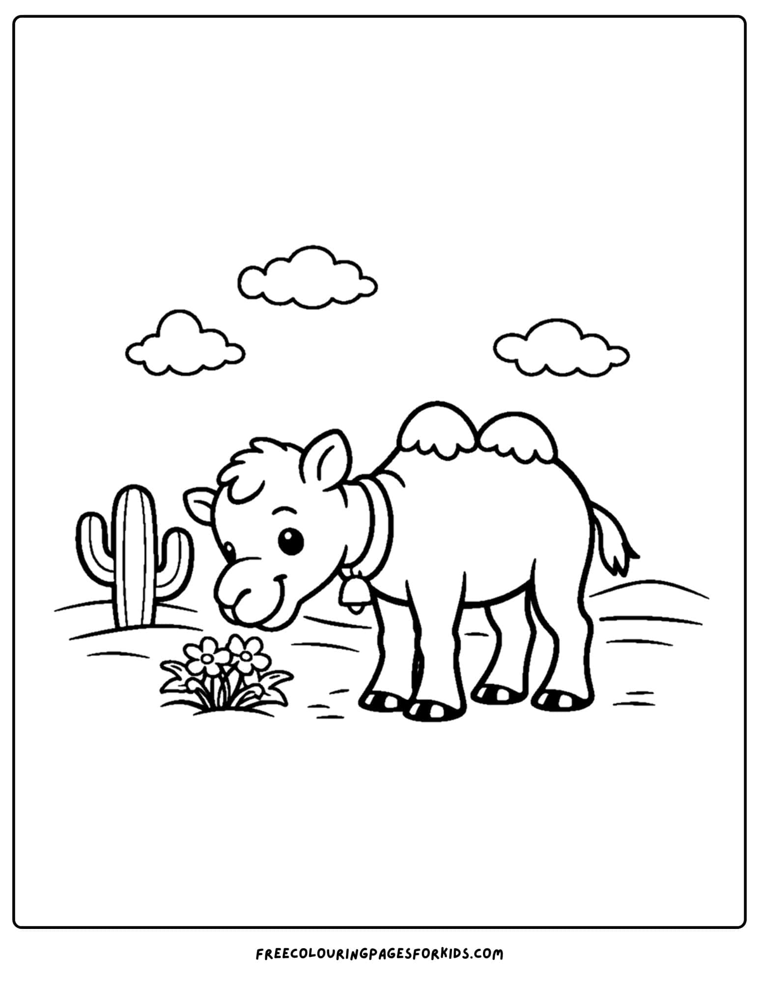 a coloring page of a camel smelling some flowers