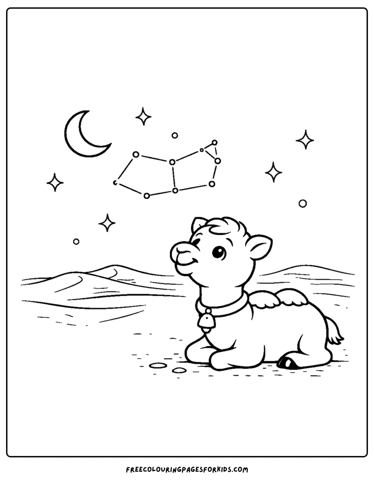a coloring page of a camel stargazing at night