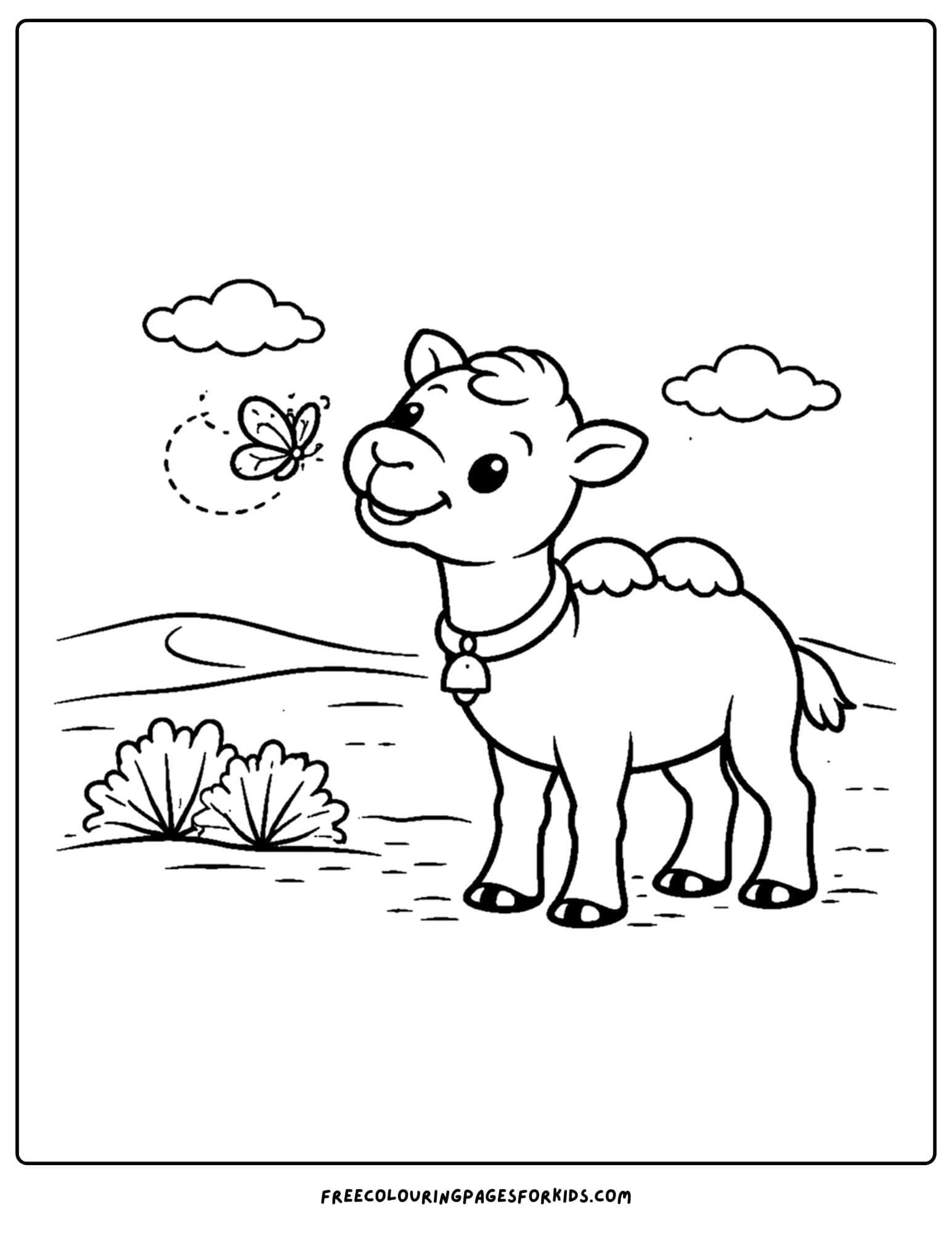 a coloring page of a camel watching a butterfly