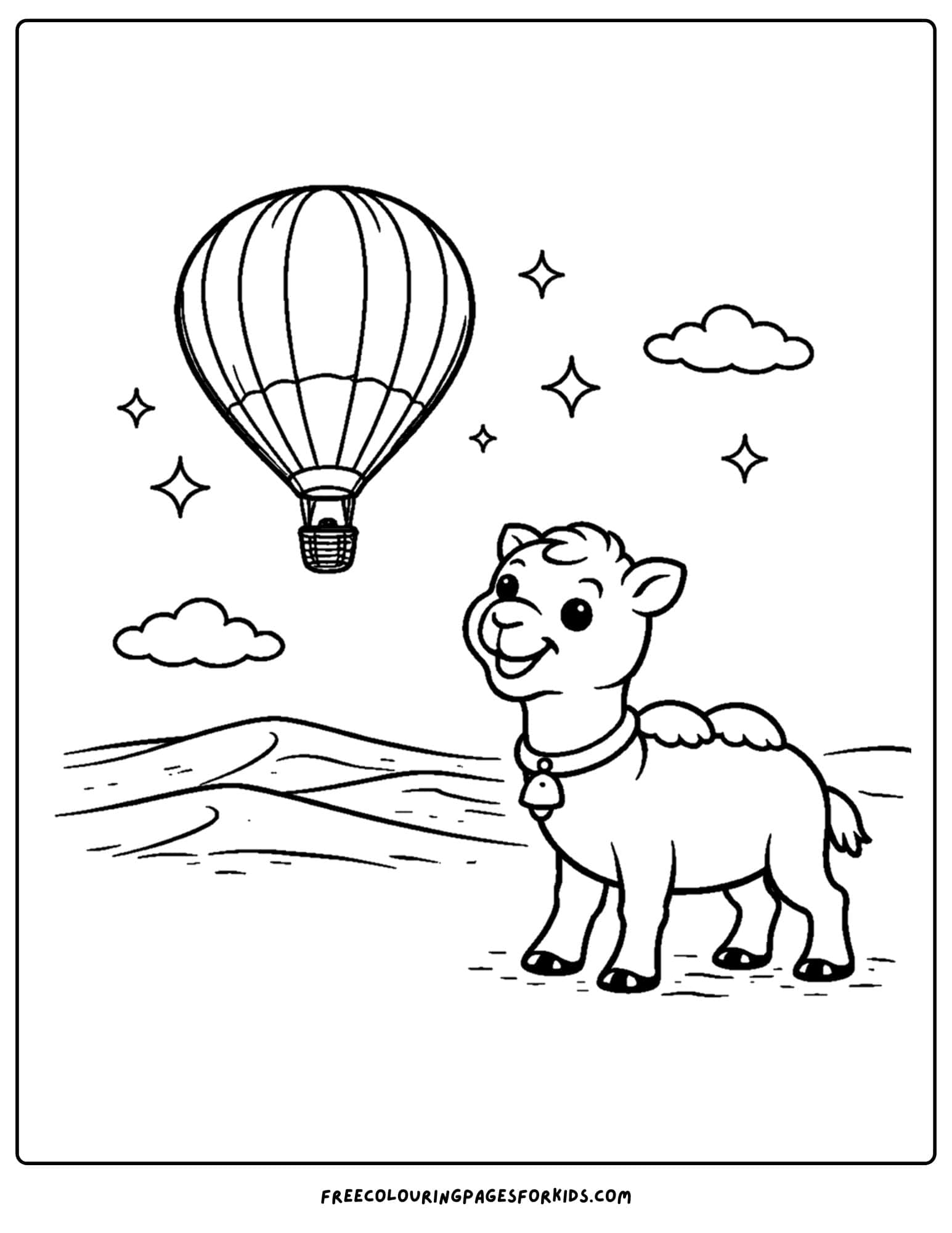 a coloring page of a camel watching a hot air balloon in the sky
