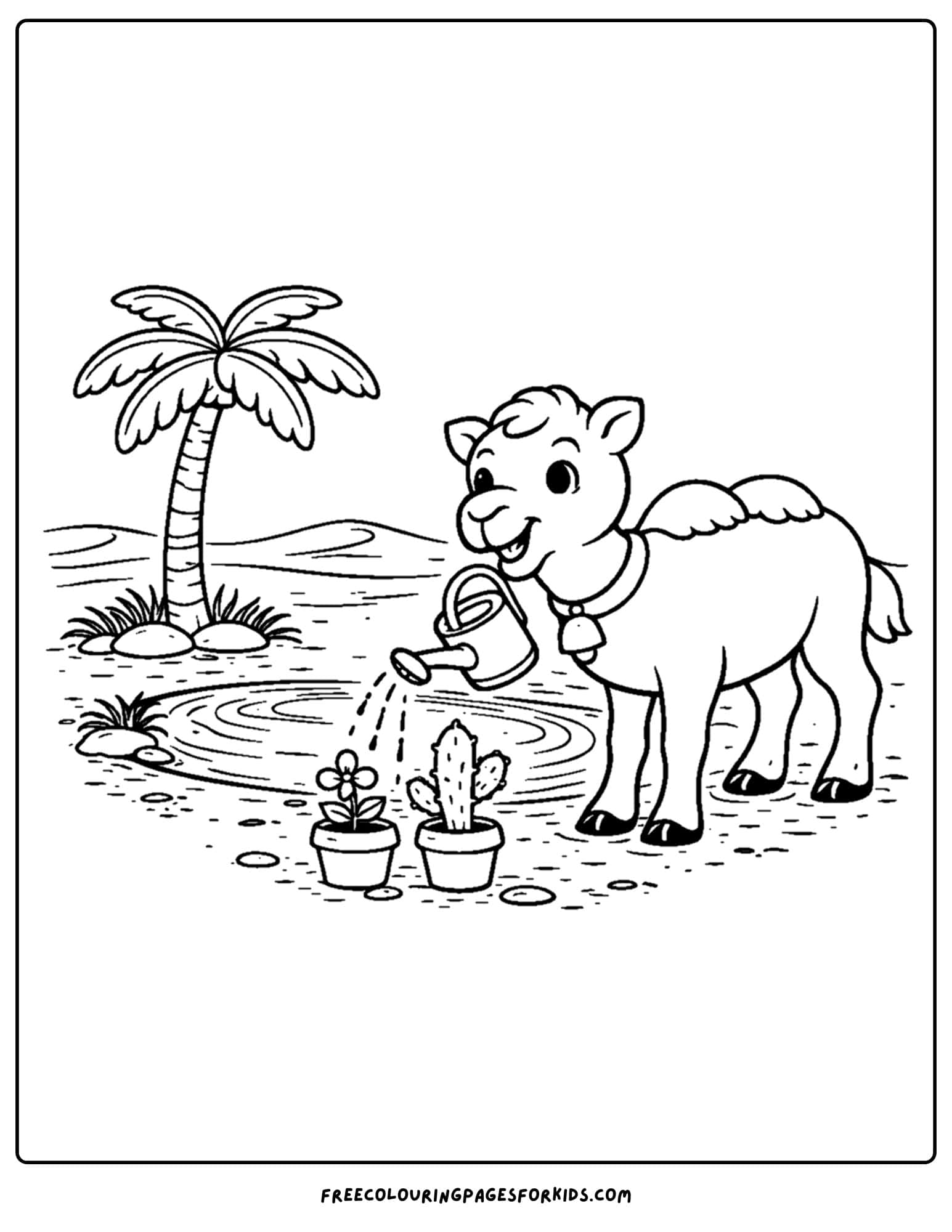 a coloring page of a camel watering some flowers