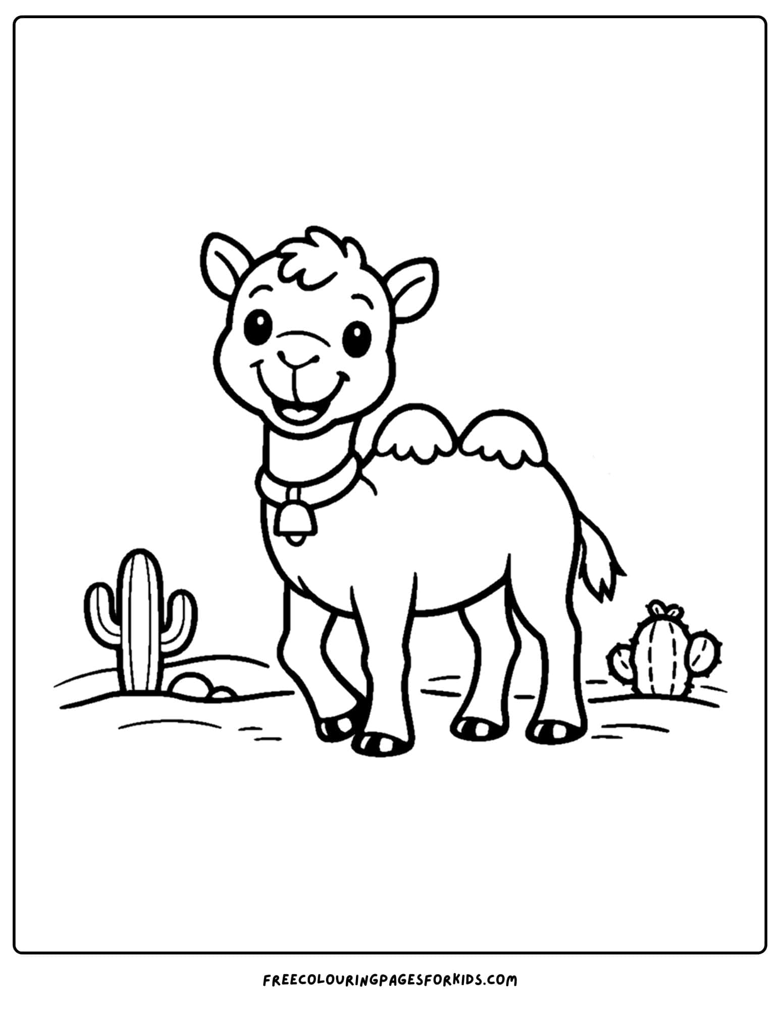 a coloring page of a camel standing in a desert