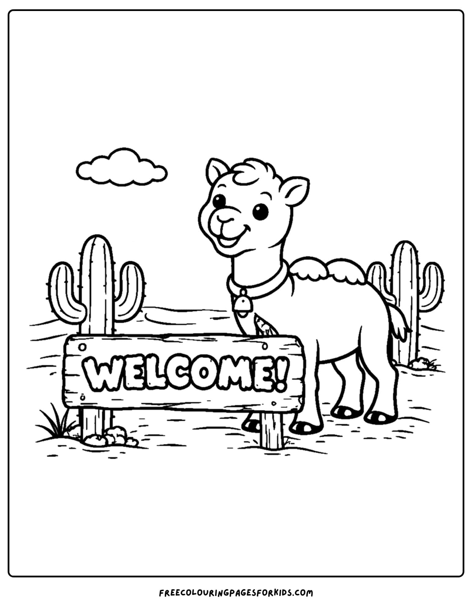 a coloring page of a camel standing next to a welcome sign