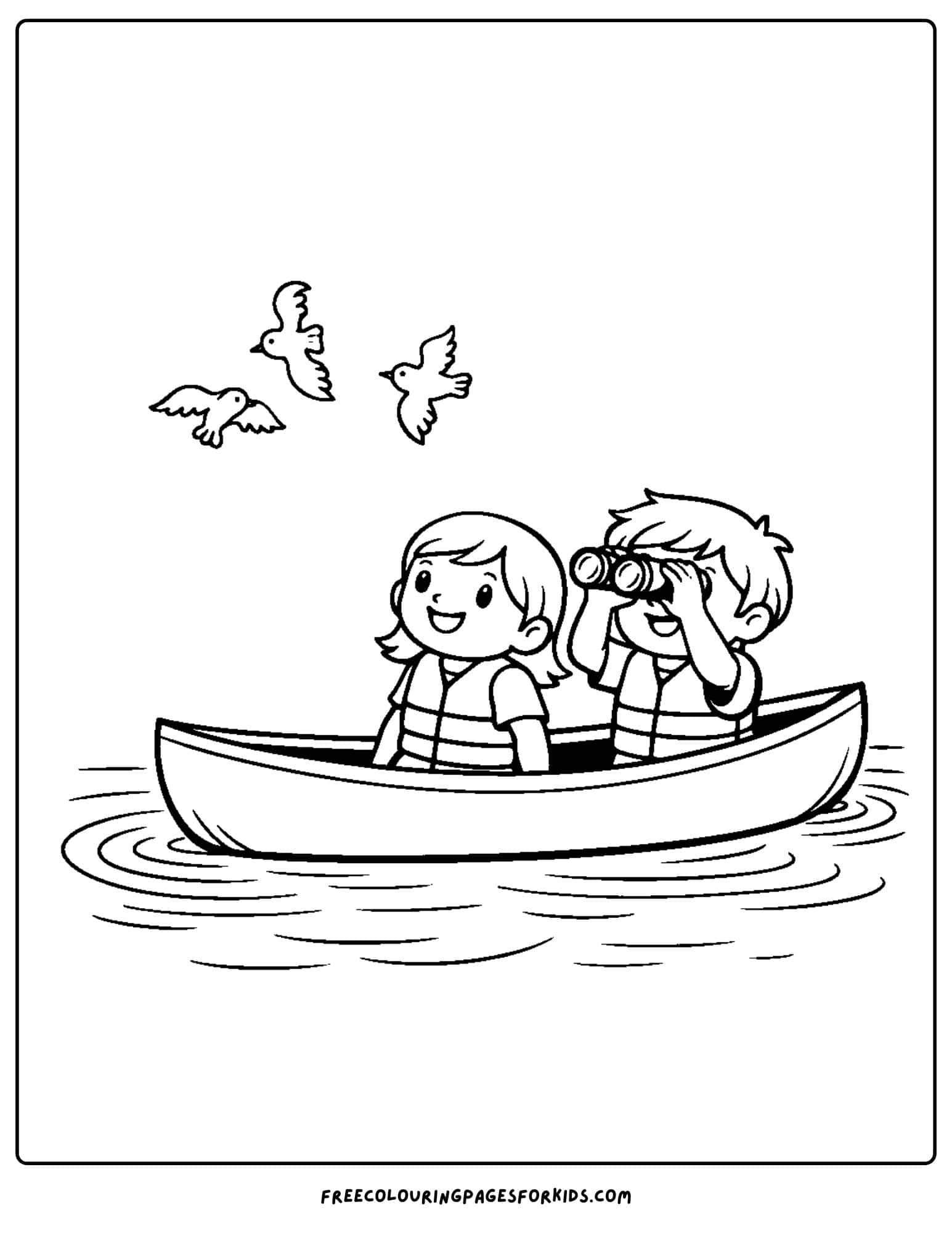 a coloring page of a canoe with kids birdwatching from it