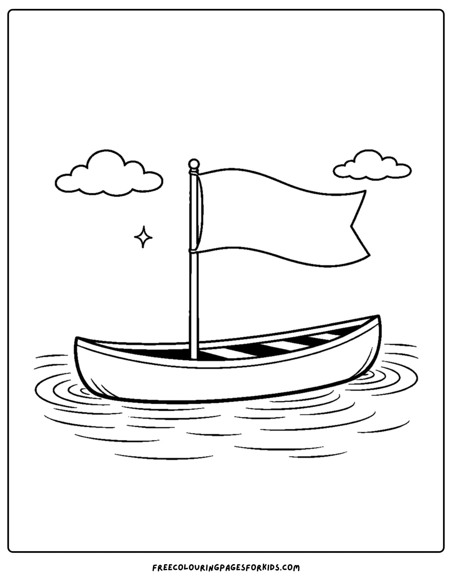 a coloring page of a canoe with a flag mounted in the middle of it