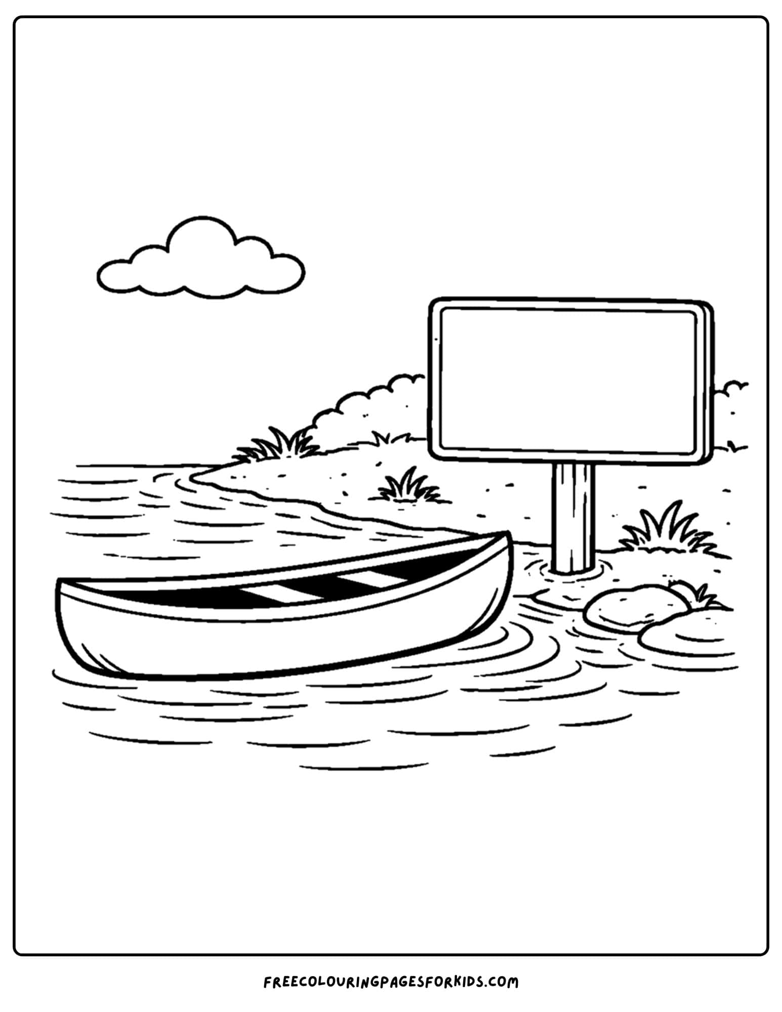 a coloring page of a canoe on the shore with a sign next to it blank to be filled in