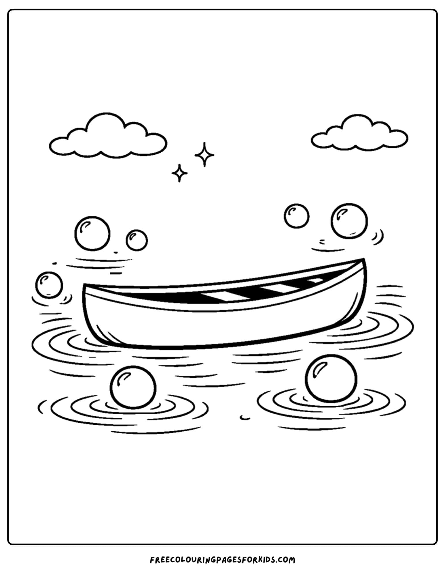 a coloring page of a canoe with bubbles floating up around it