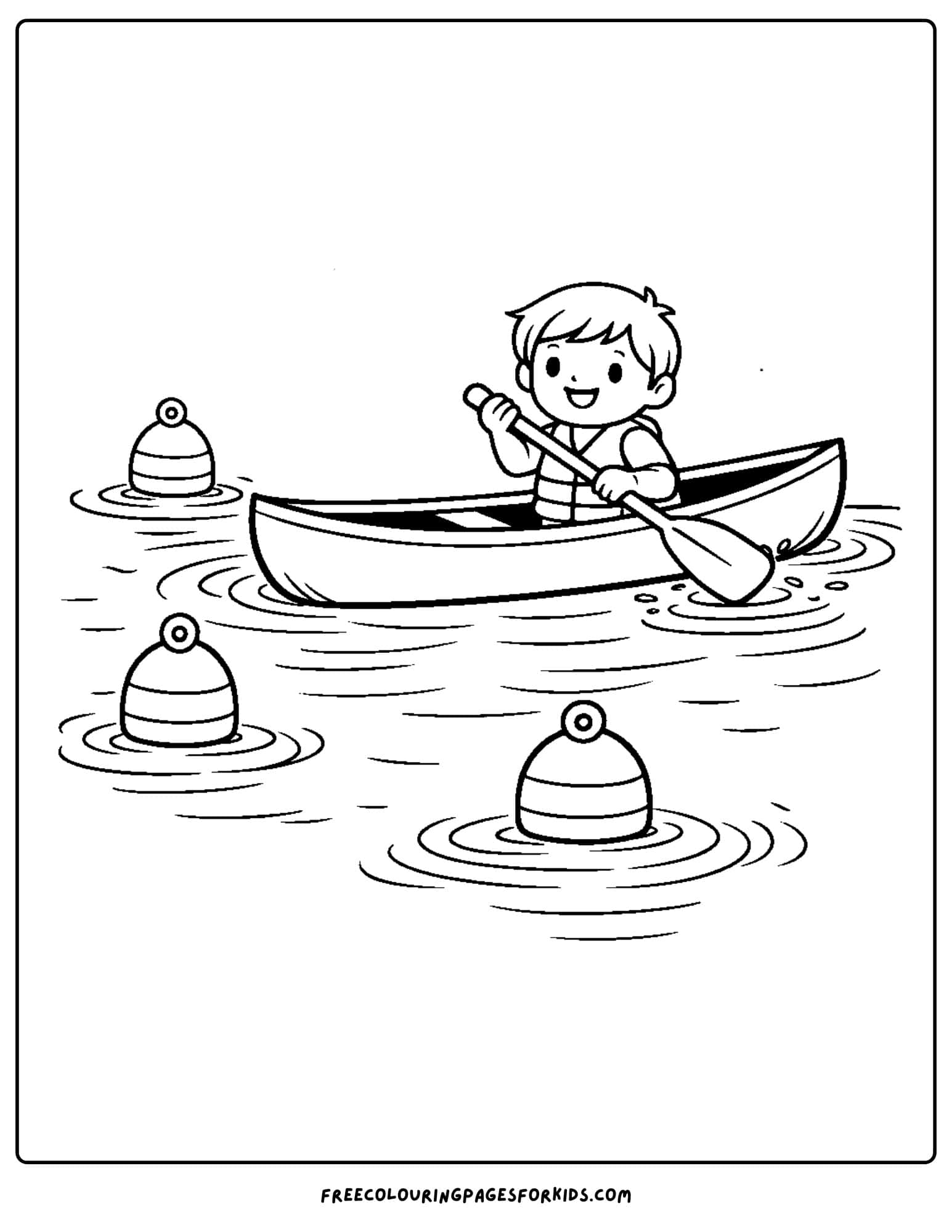 a coloring page of a canoe with a child paddling past some buoy markers