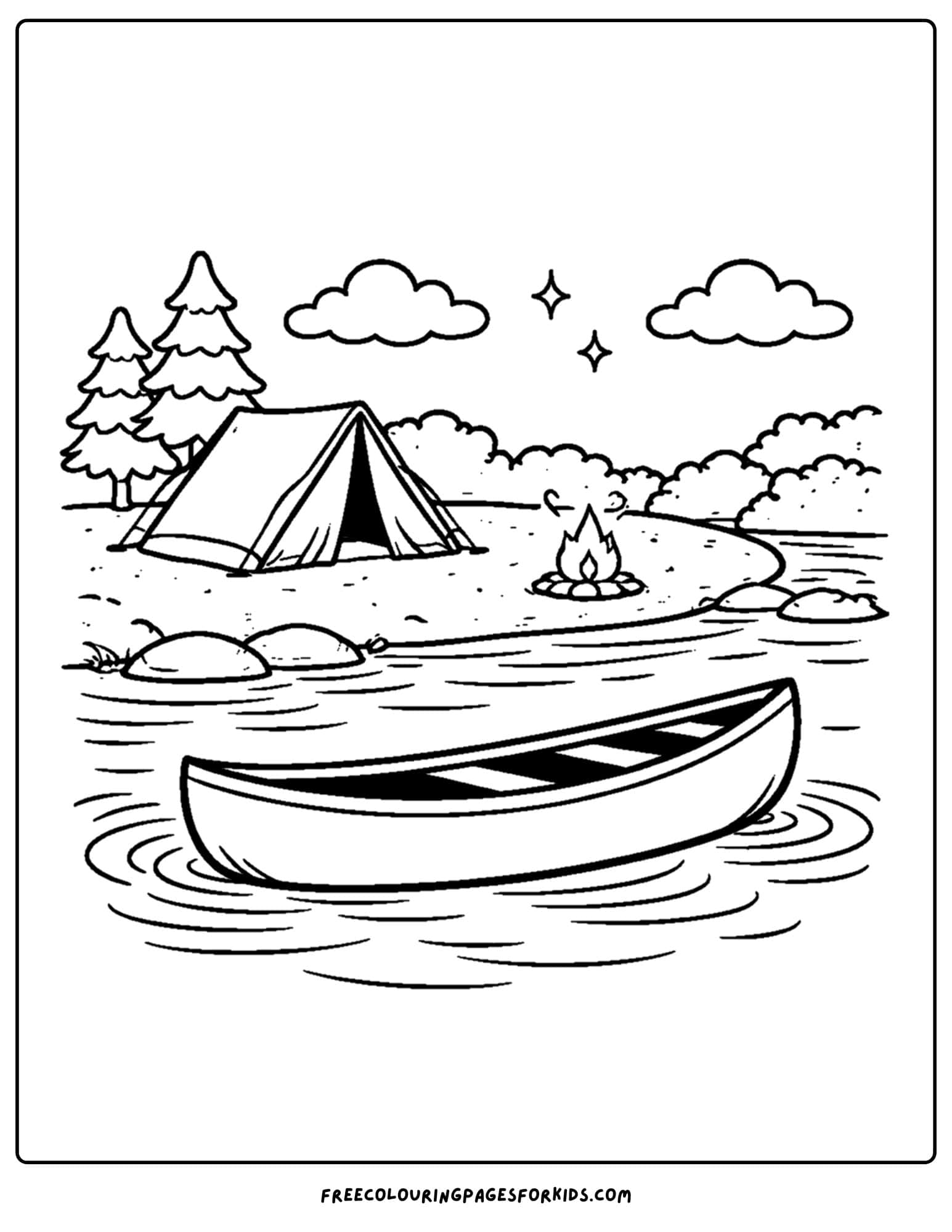 a coloring page of a canoe floating past a campsite