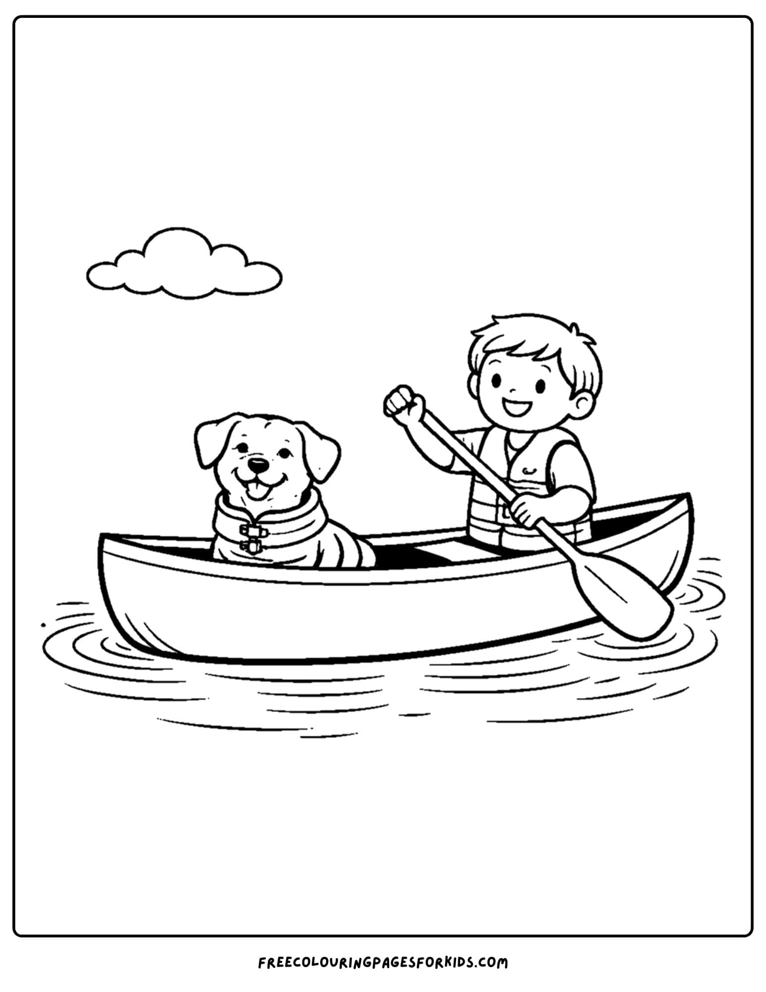 a coloring page of a canoe with a child and dog in it