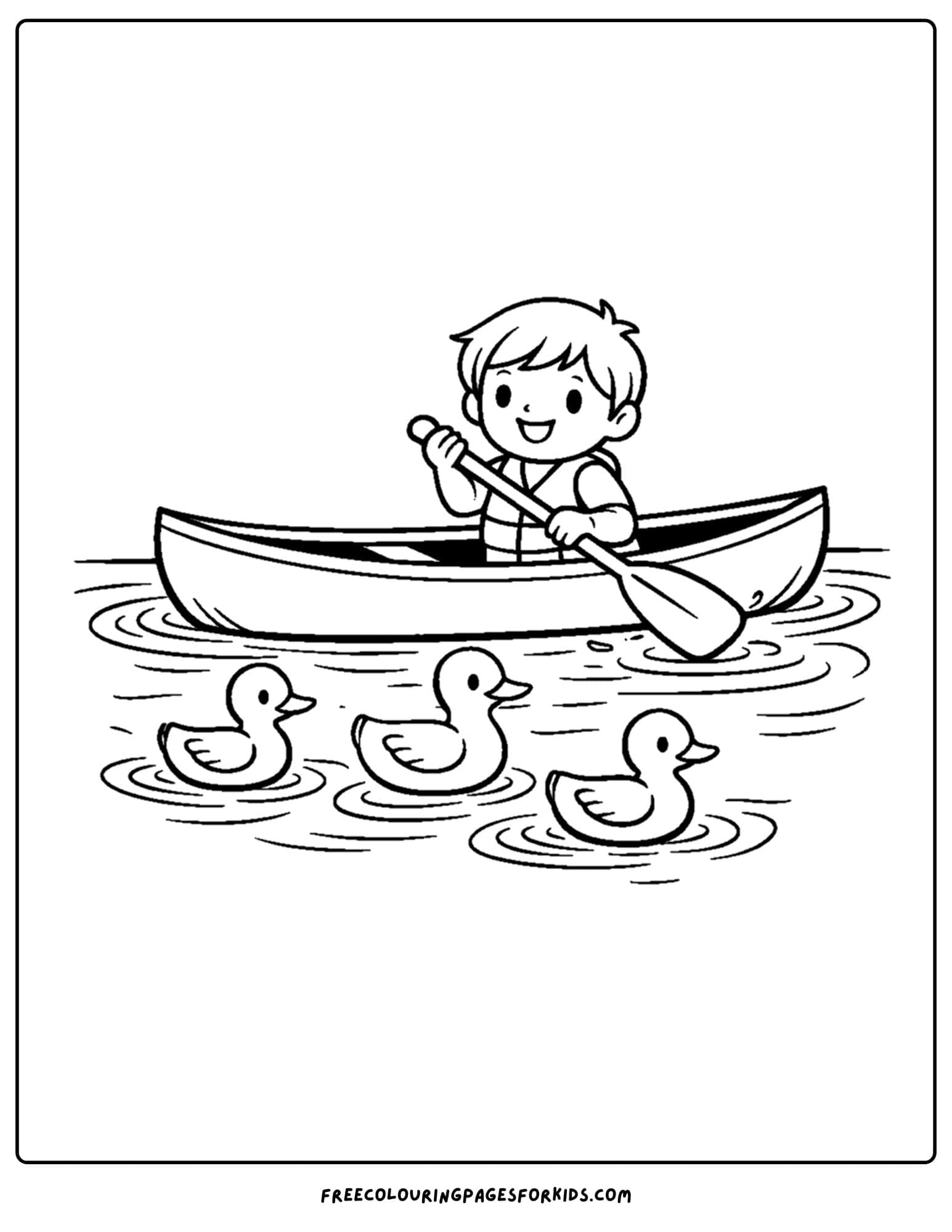 a coloring page of a canoe being paddled past some ducks on the water