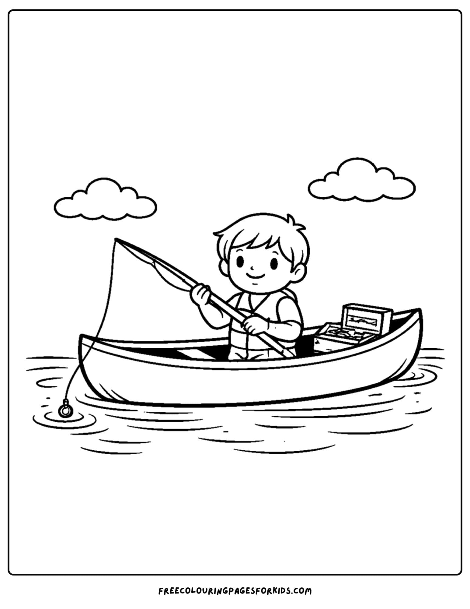 a coloring page of a canoe with a child fishing from it