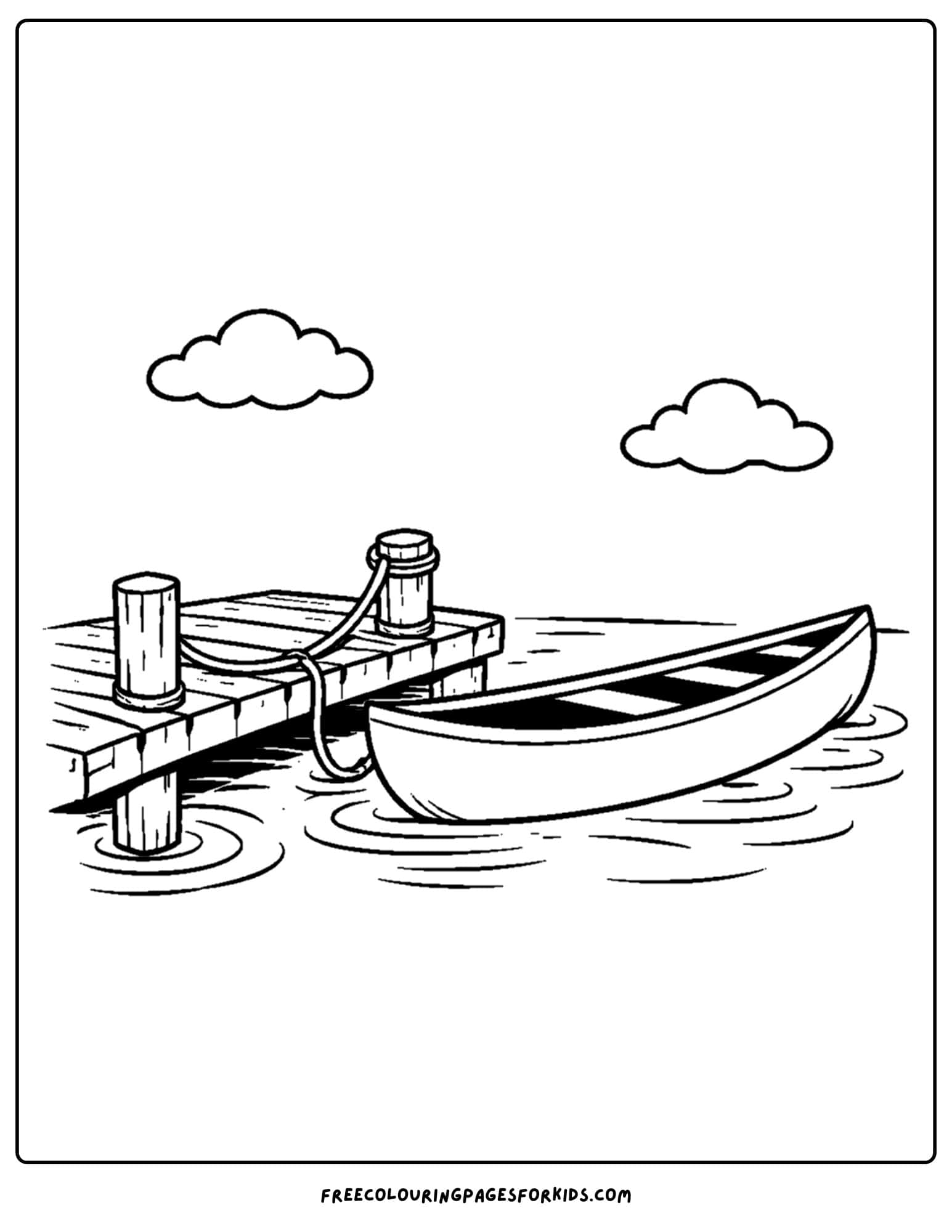 a coloring page of a canoe tied up at a dock
