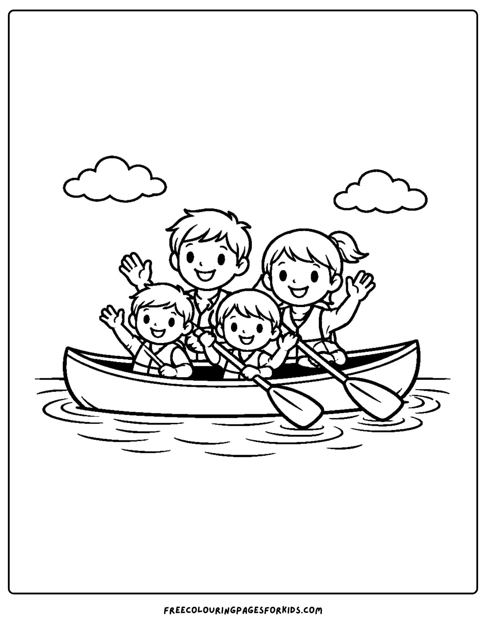 a coloring page of a canoe with a family paddling in it