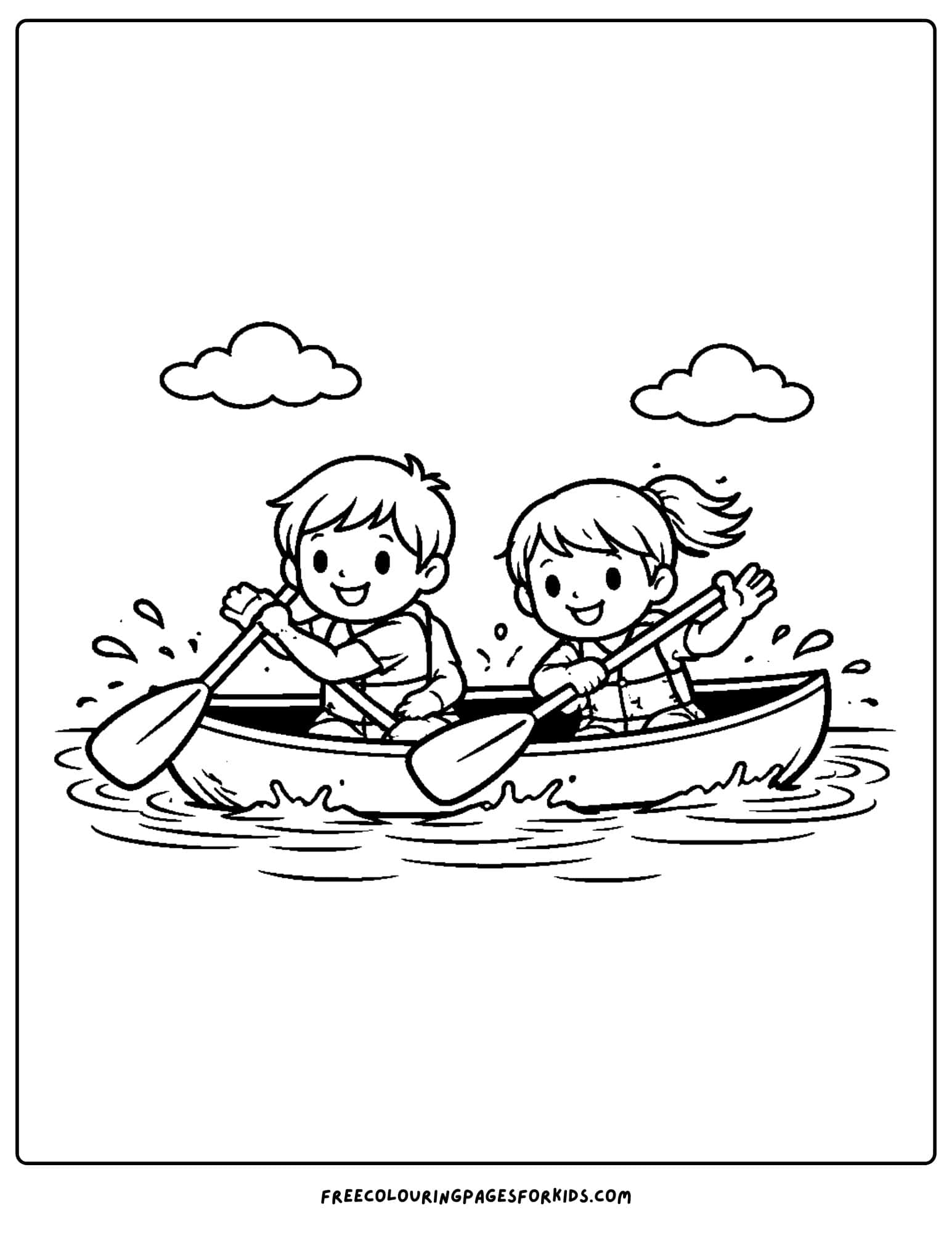 a coloring page of a canoe with two kids padding fast