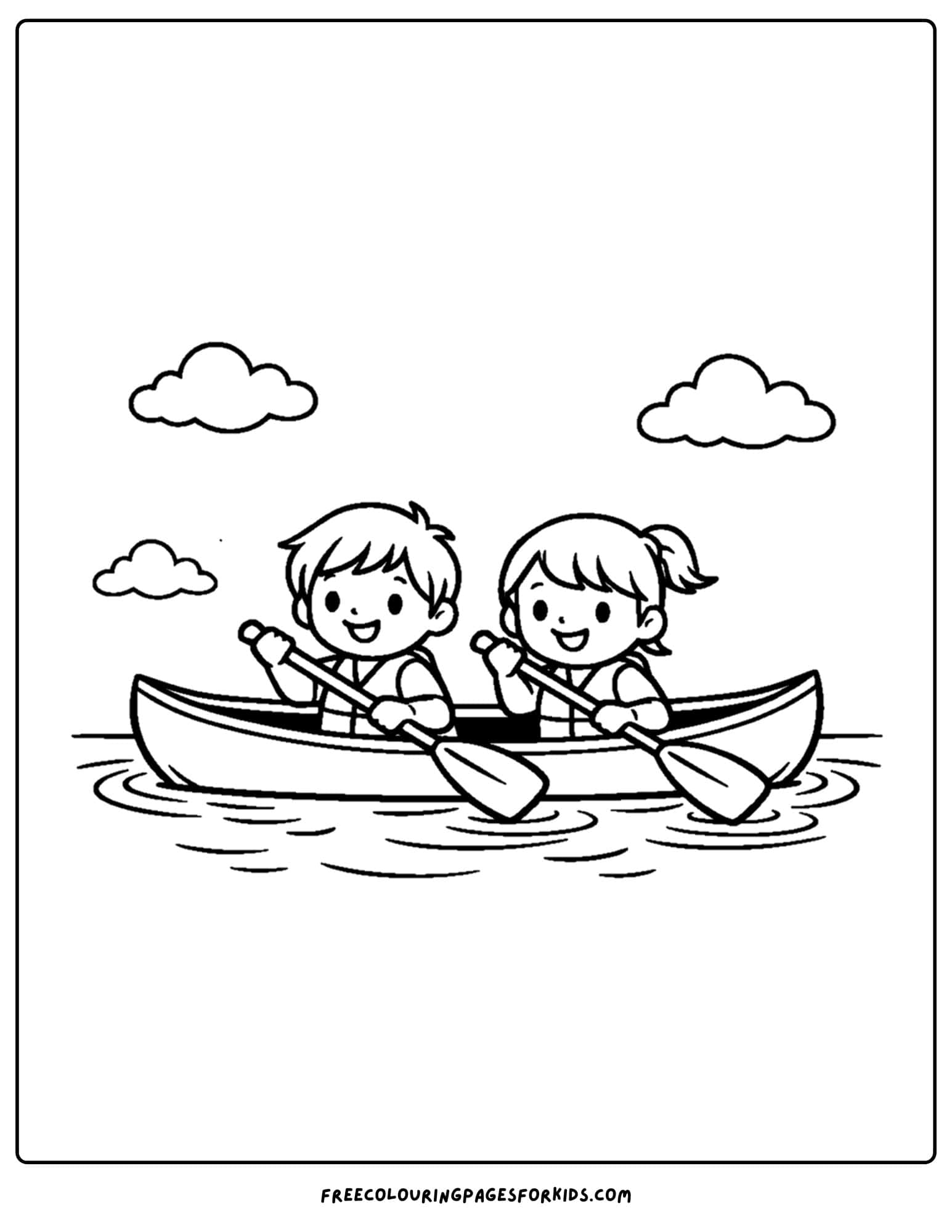 a coloring page of a canoe with two kids in it paddling across a lake