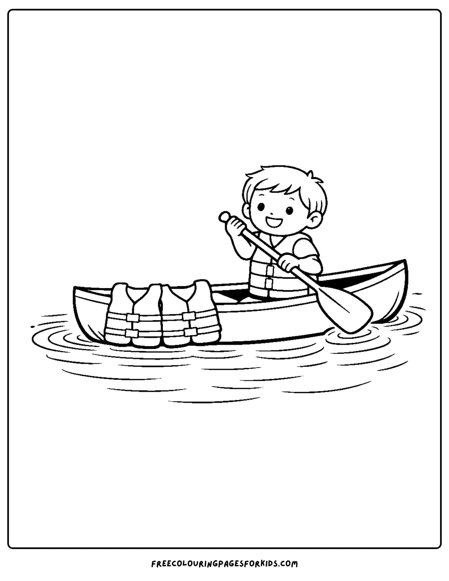 a coloring page of a canoe with a child paddling and life jackets hanging on the front