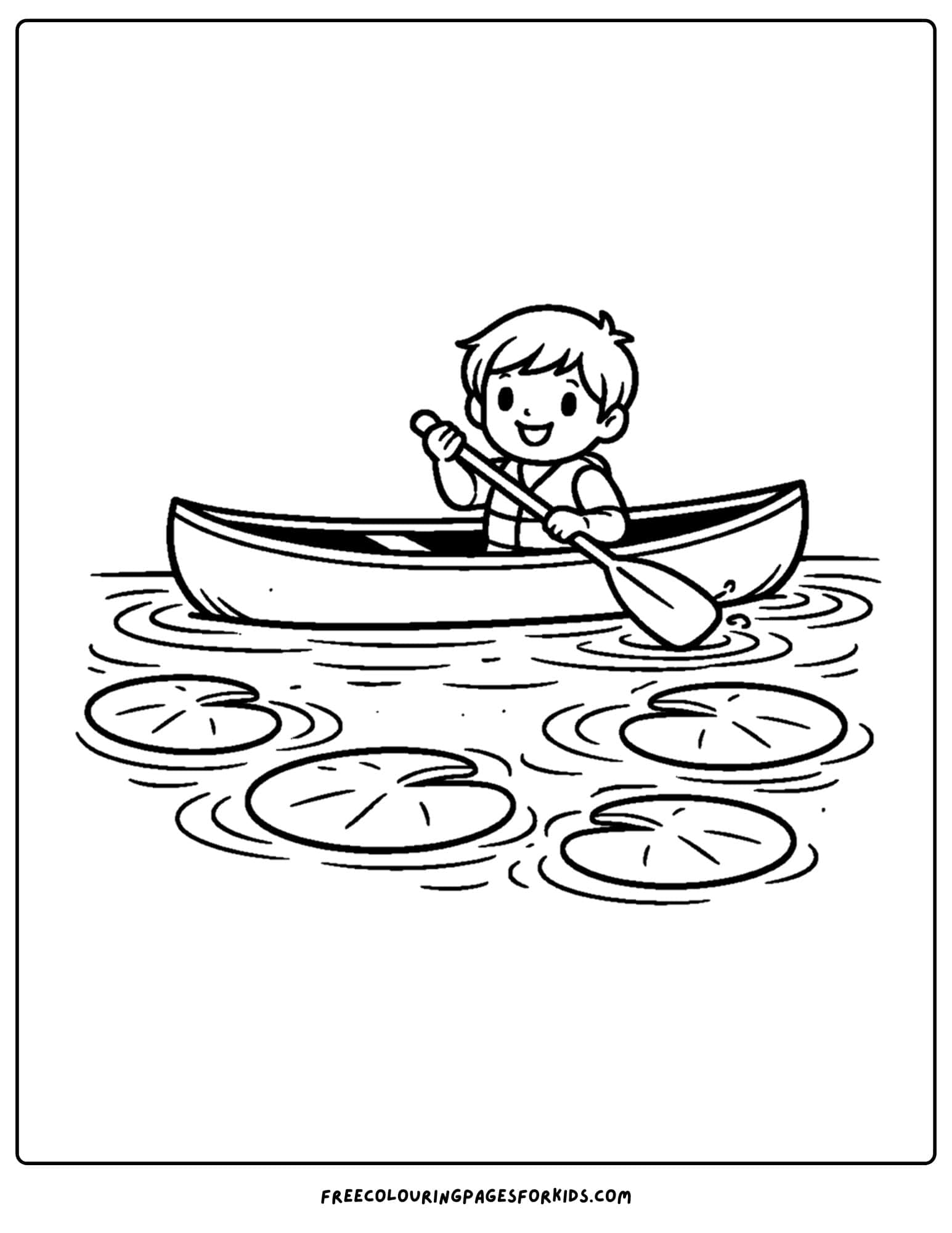 a coloring page of a canoe being paddled past some lily pads