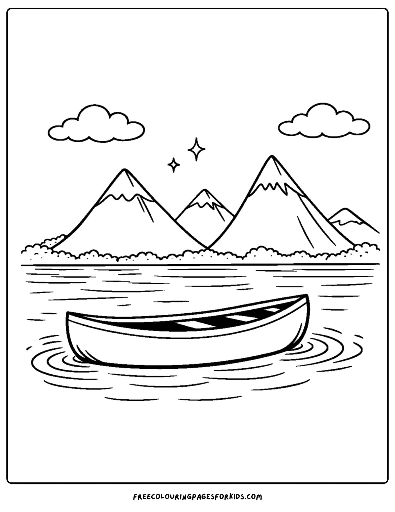 a coloring page of a canoe on a lake with mountains in the background