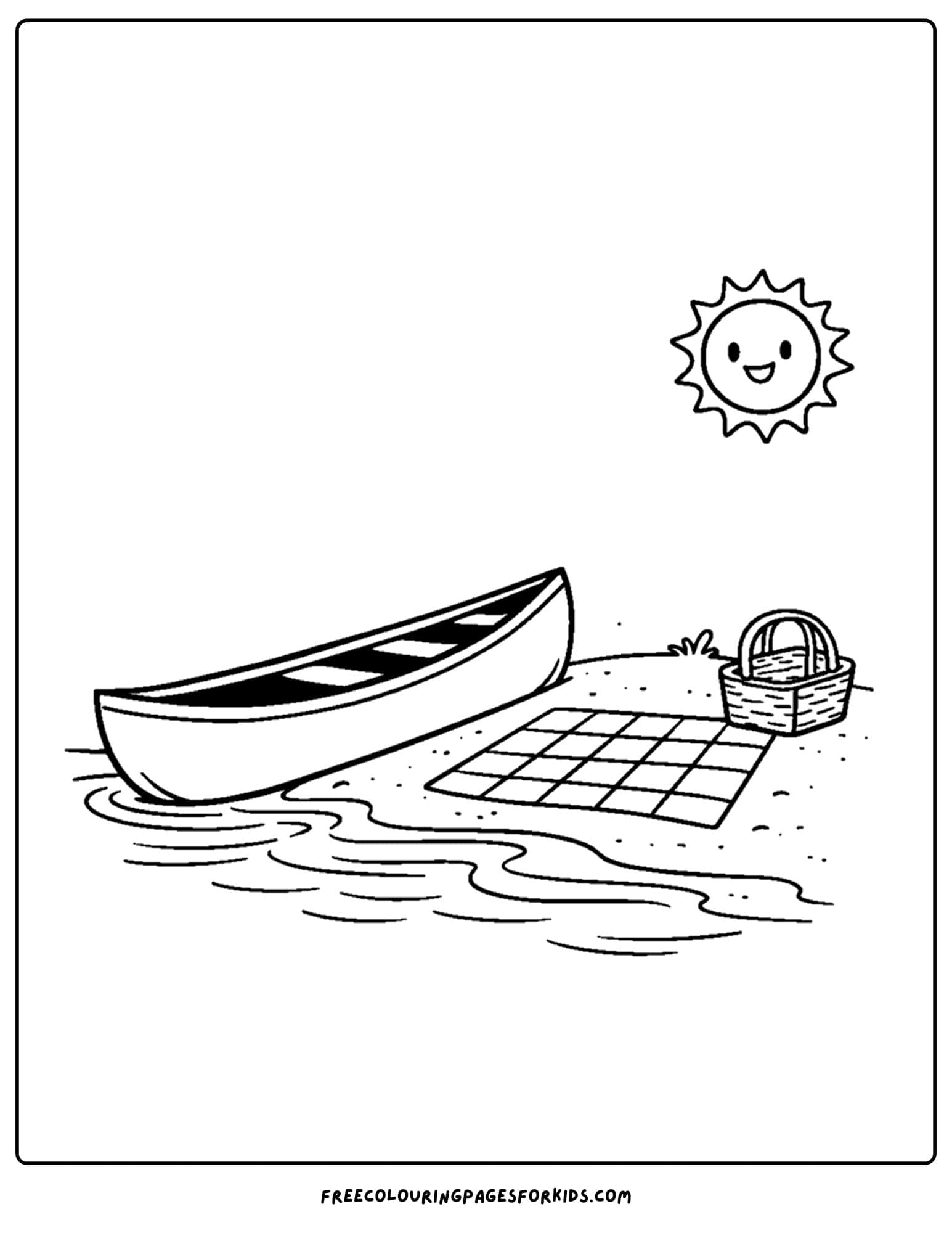 a coloring page of a canoe by the shore with a picnic setup beside it