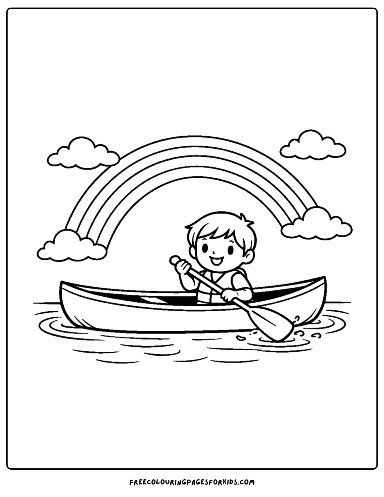 a coloring page of a canoe with a child in it and a rainbow above